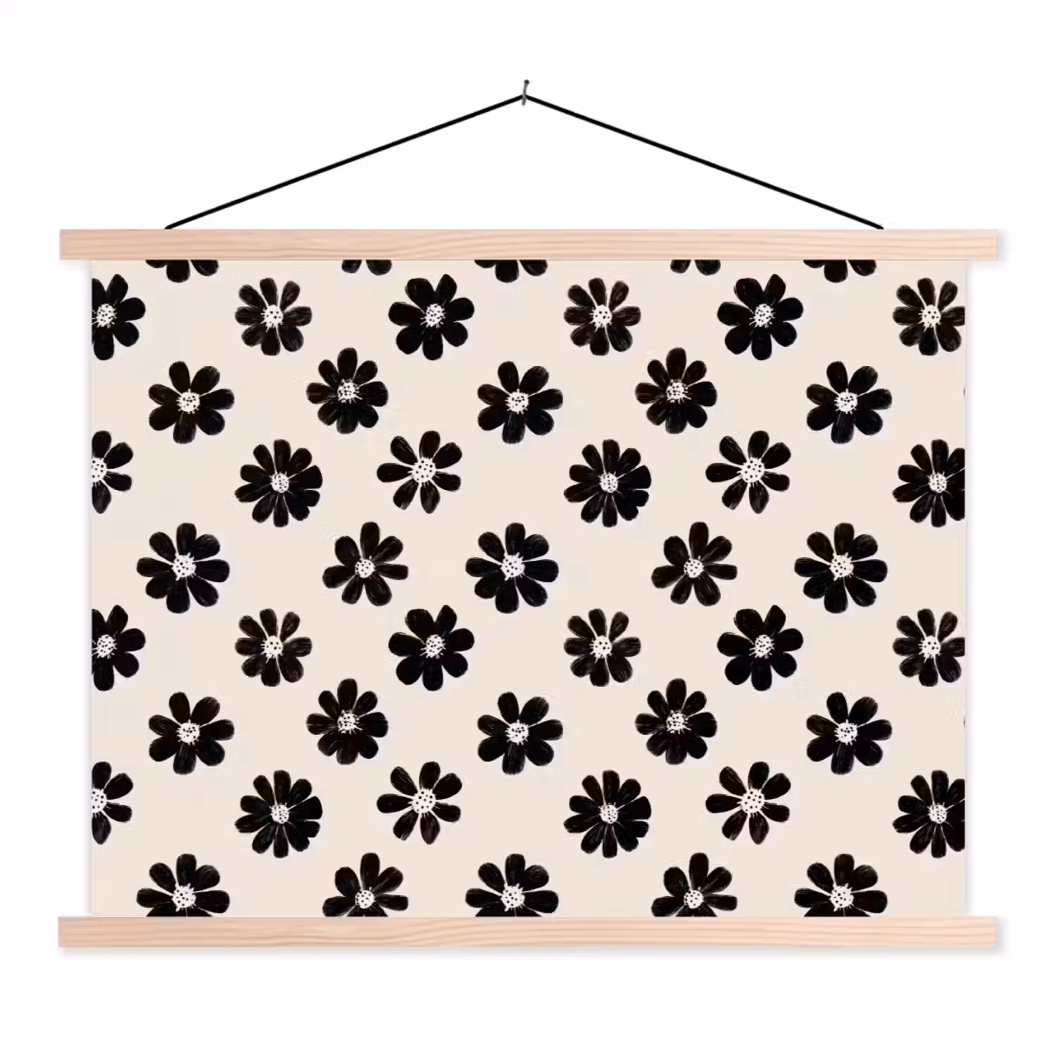 Grafisch - Madeliefjes - Zwart - Beige textielposter latten blank klein 122 -3d