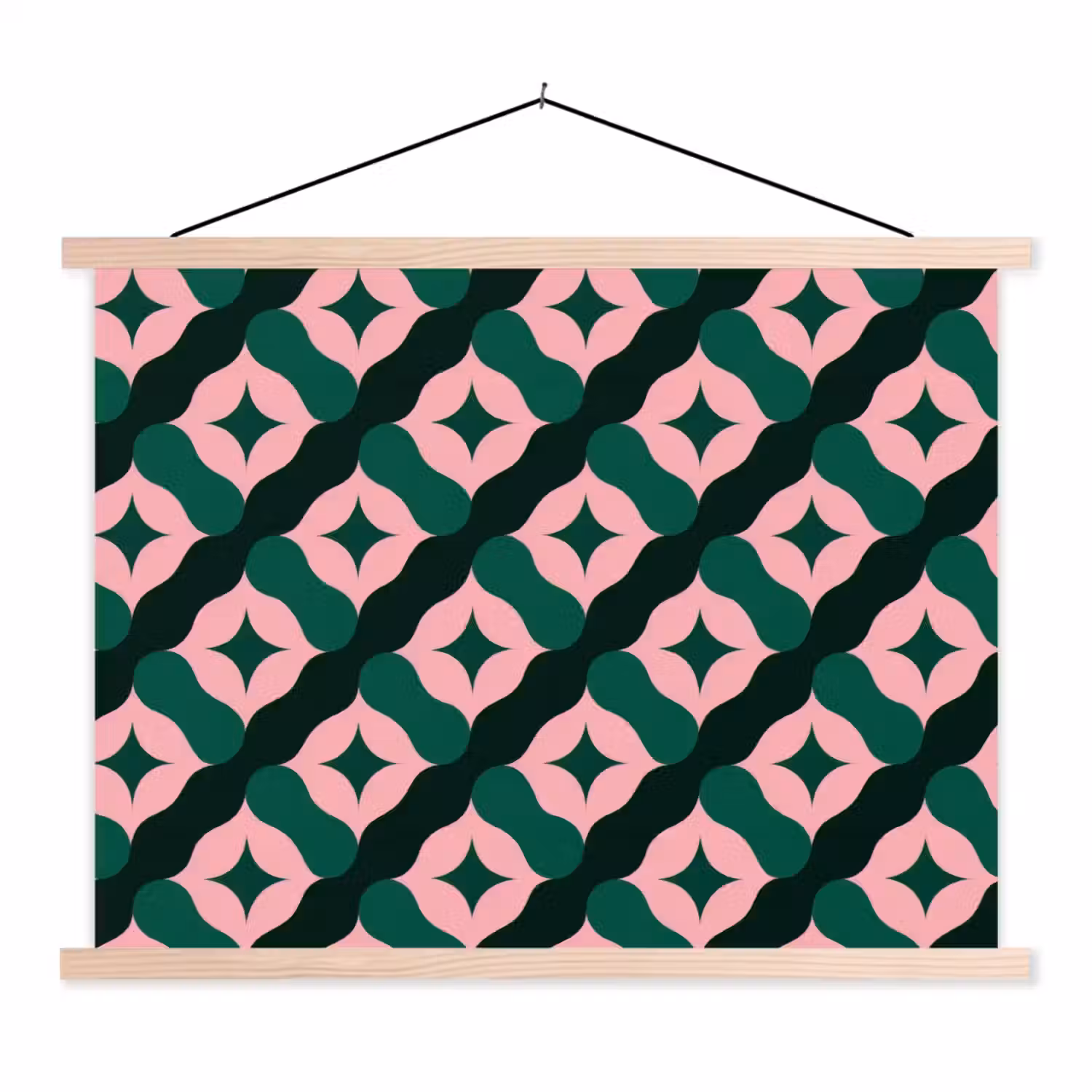 Groen - Roze - Retro - Sterren textielposter latten blank klein 122 -3d