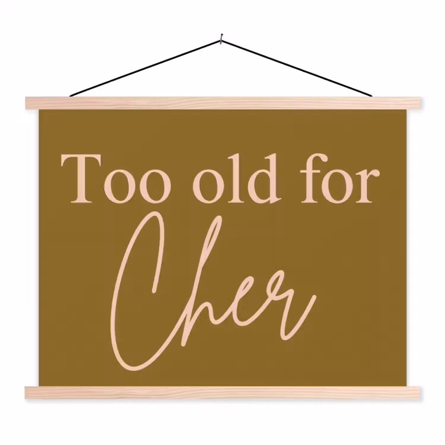 Groen - Too old for cher - Roze textielposter latten blank klein -3d