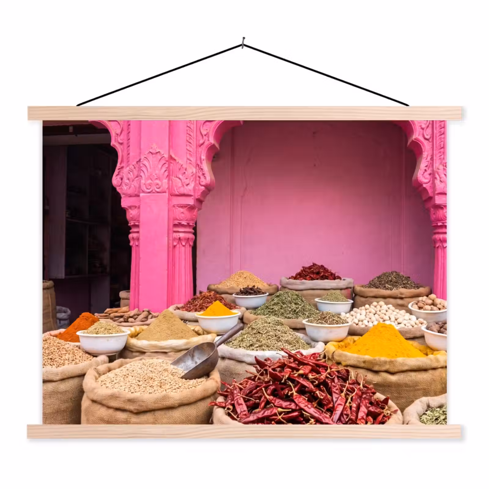 Hanging Poster - Herbs - Market - Pink - Kruiden - Markt - Roze textielposter latten blank klein