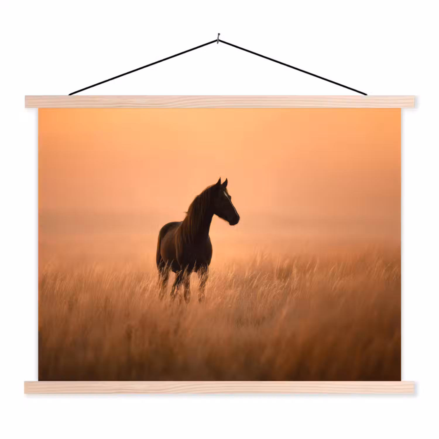 Paard - Grasveld - Zonsondergang textielposter latten blank klein -3d