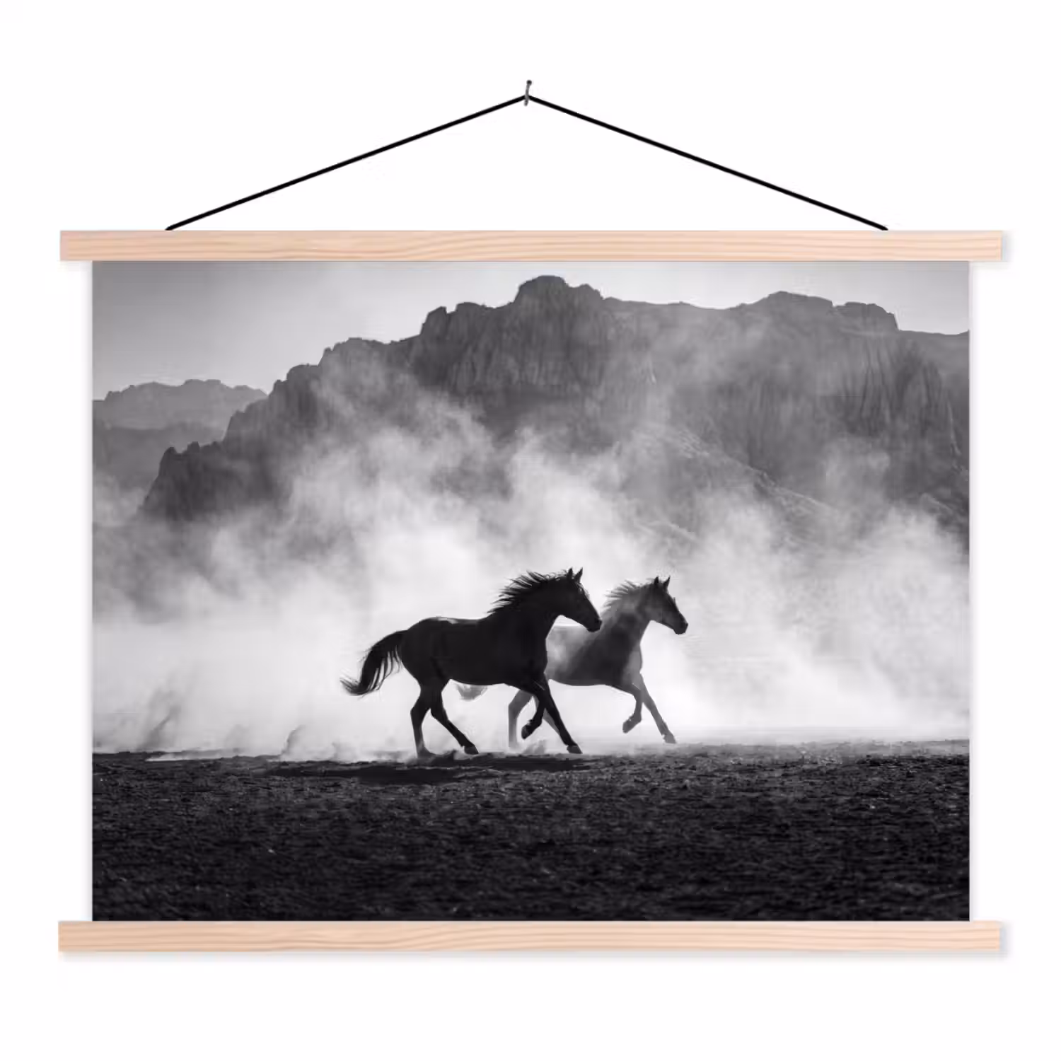 Paard - Ren - Stof - Zwart-wit - Dieren textielposter latten blank klein -3d