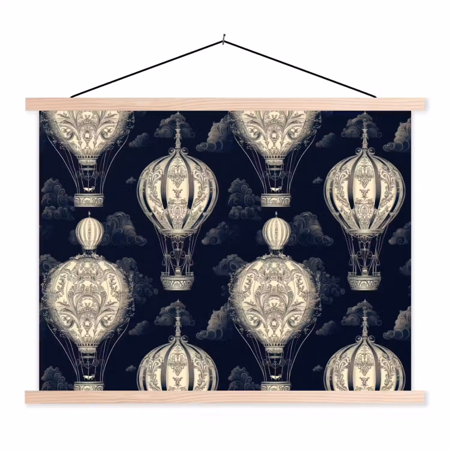 Luchtballonnen - Wolken - Patroon - Donkerblauw textielposter latten blank klein 122 -3d