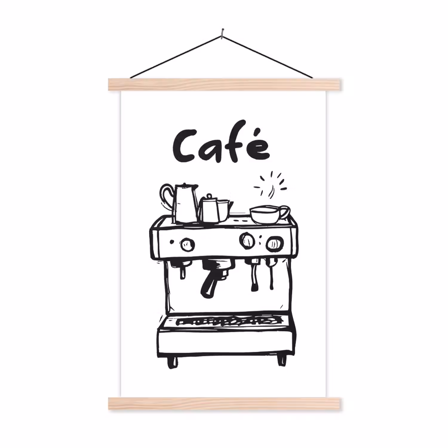 Illustratie - Café - Koffiemachine - Kopjes textielposter latten blank klein -3d