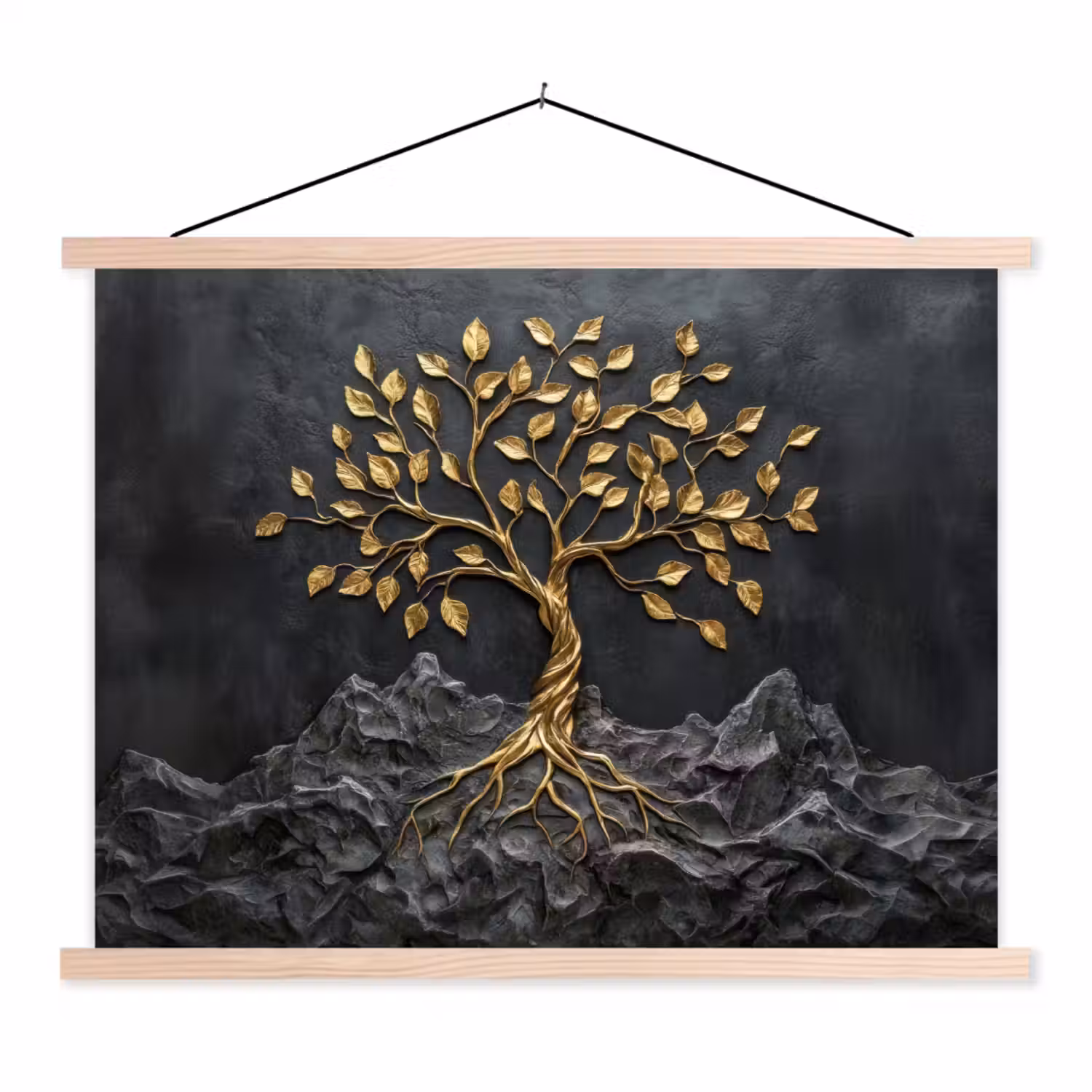 Bladeren - Goud - Boom - Rots textielposter latten blank klein -3d