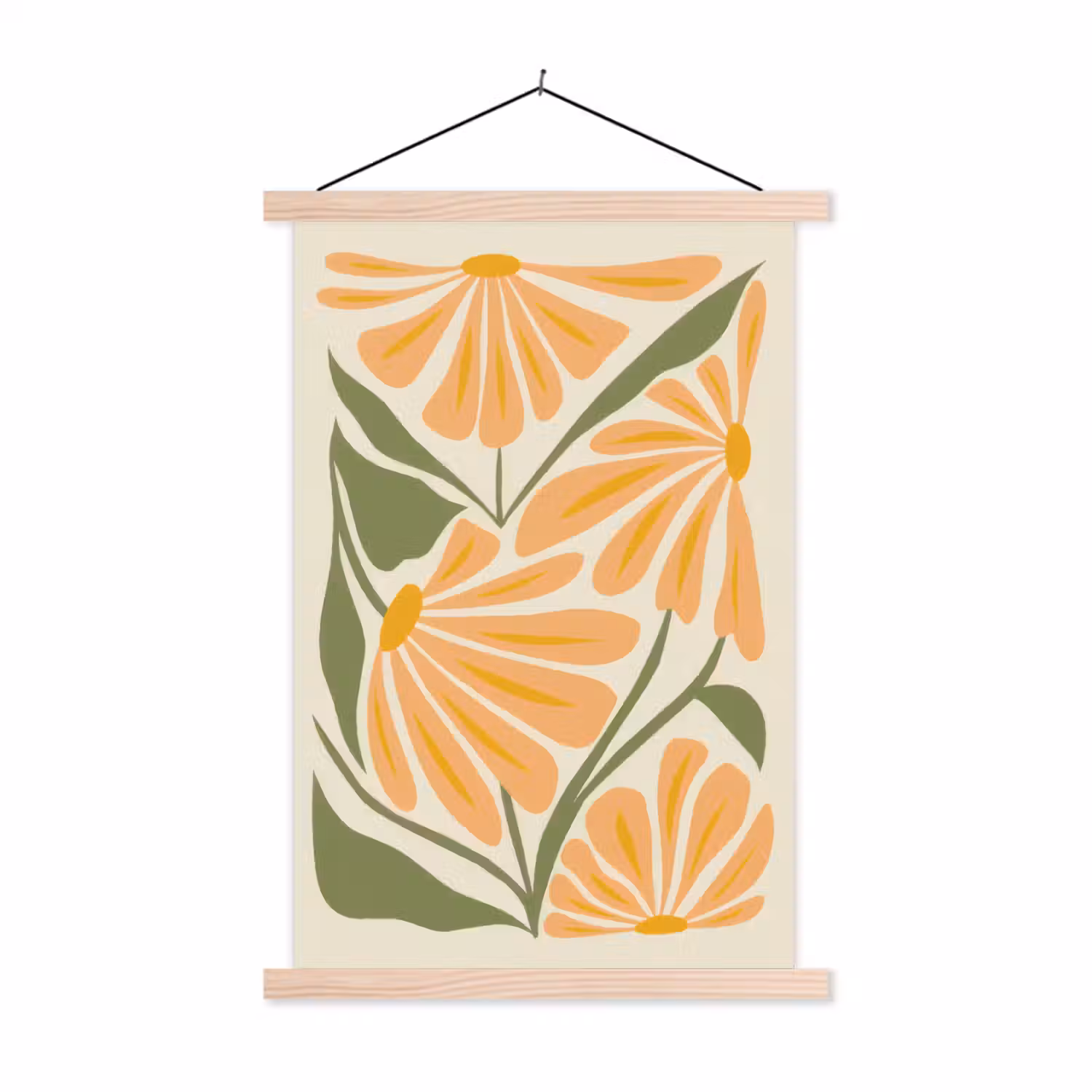 Blaadjes - Zachtoranje - Bloemen textielposter latten blank klein -3d