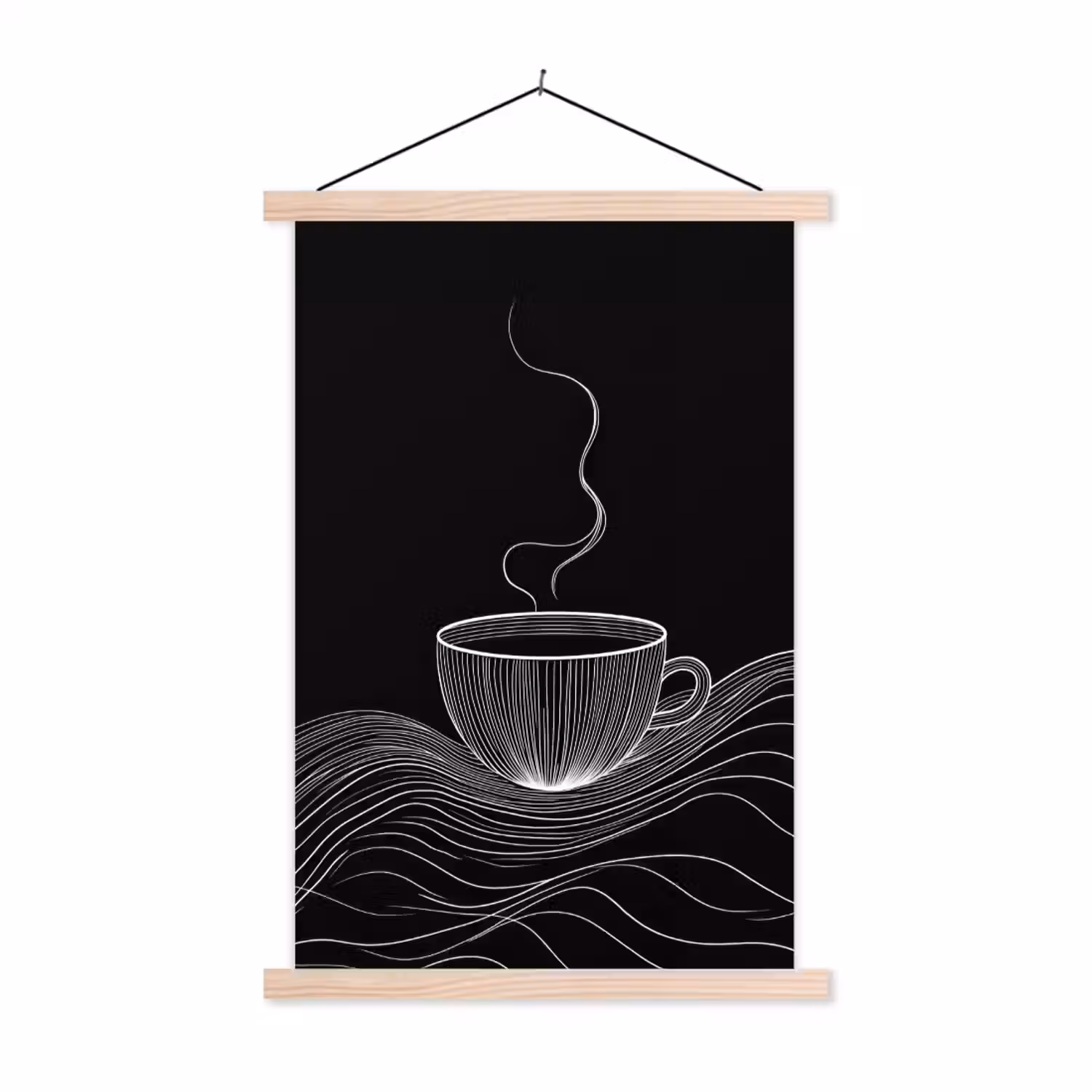 Lijntekening - Koffiekop - Zwart textielposter latten blank klein -3d