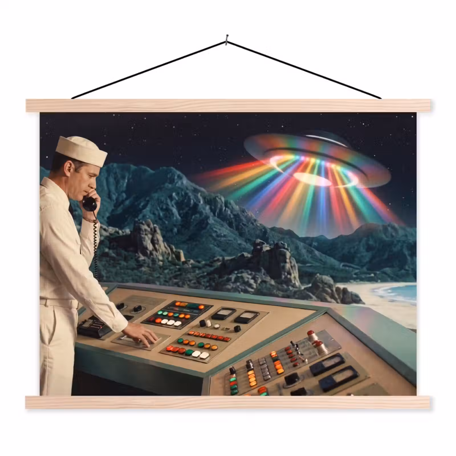 Hanging Poster - Man - Control Room - Beach - Man - Controlekamer - Strand textielposter latten blank klein