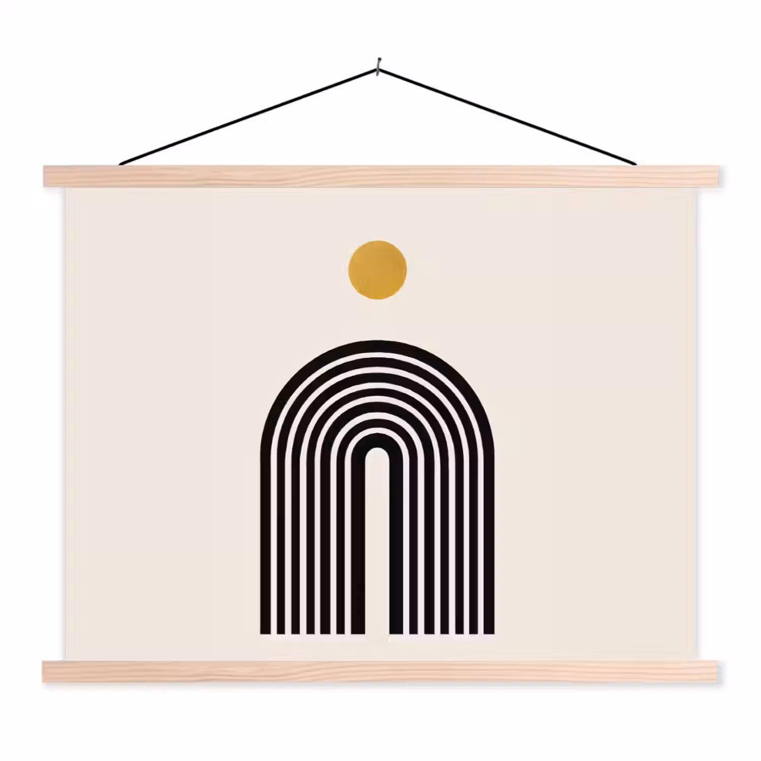 Minimalistisch - Zwarte boog - Gouden cirkel textielposter latten blank klein -3d