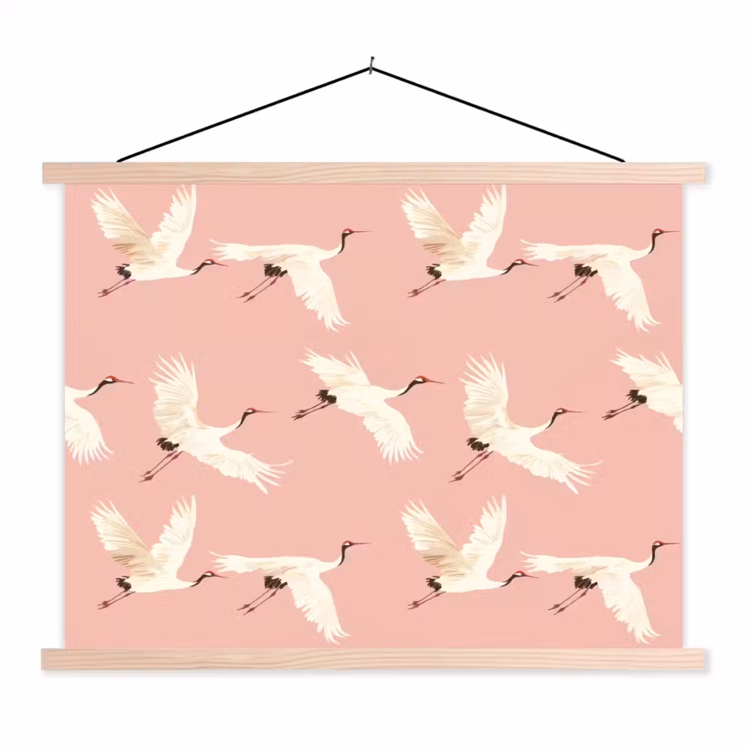 Modern - Kraanvogels - Roze textielposter latten blank klein 122 -3d