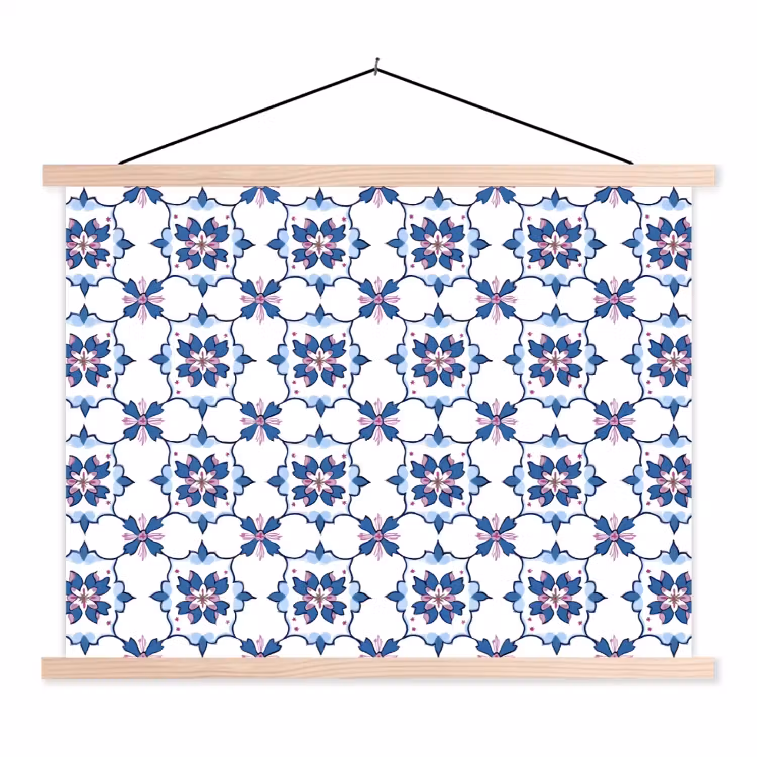 Modern - Patroon - Blauw - Roze textielposter latten blank klein 122 -3d