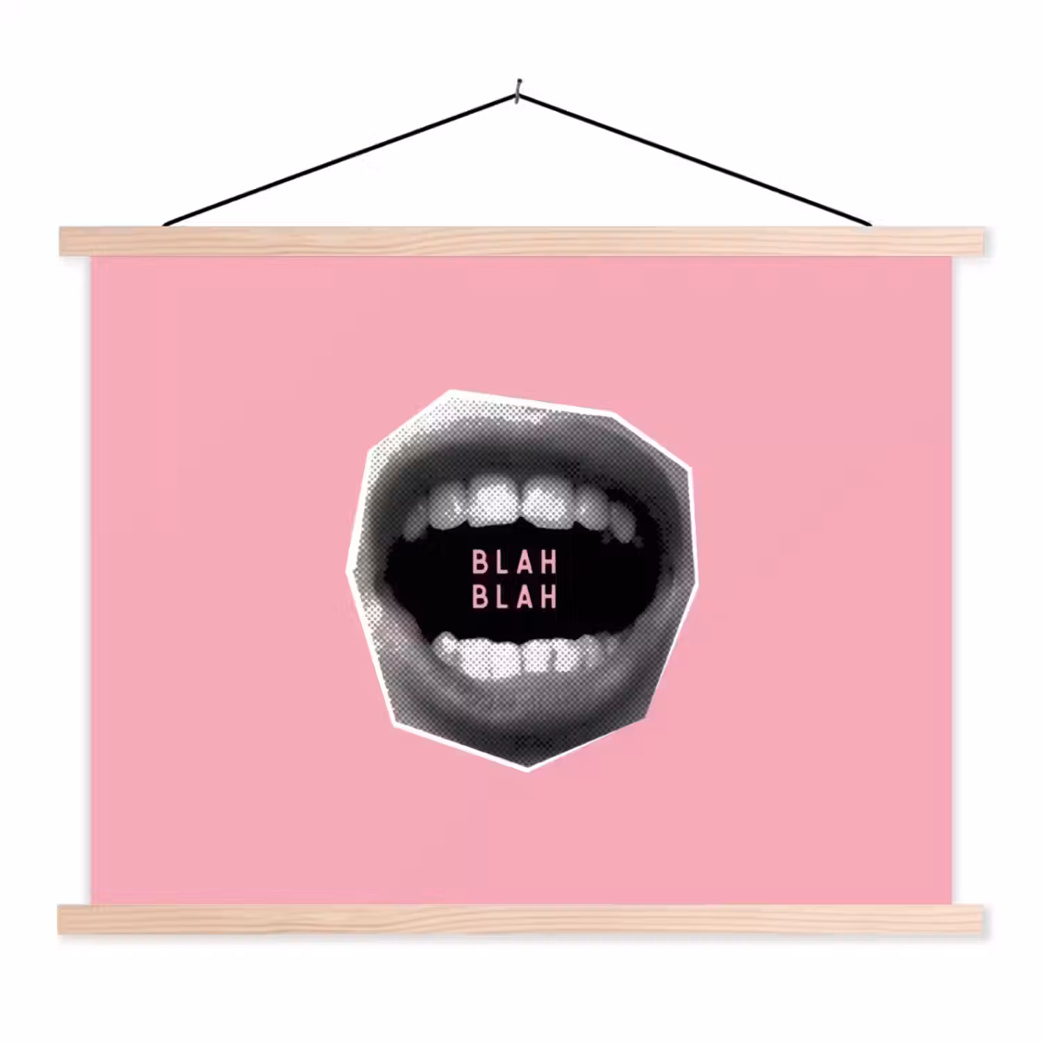 Mond - BLAH BLAH - Roze textielposter latten blank klein -3d