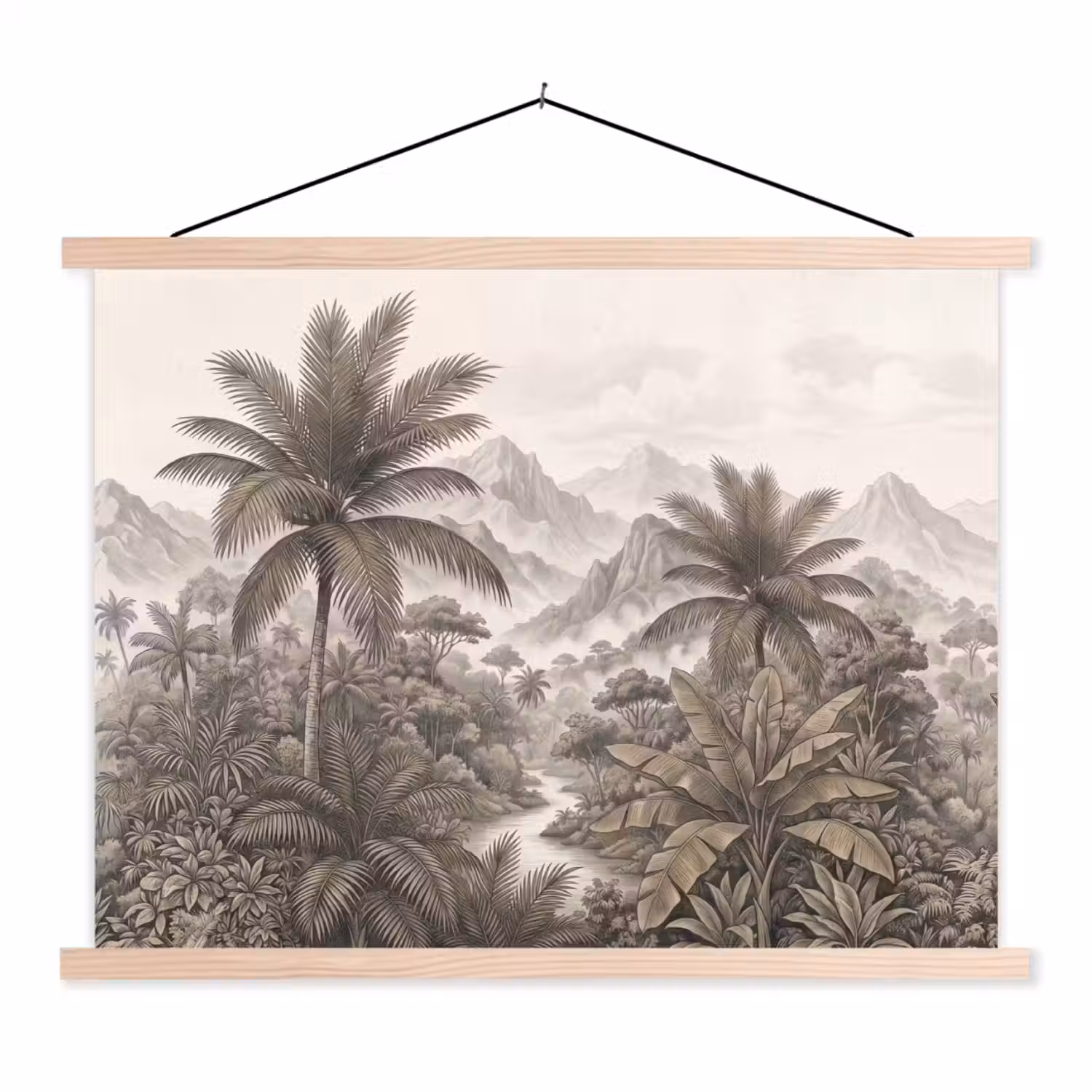 Natuur - Bergen - Rivier - Tropisch - Vintage textielposter latten blank klein -3d