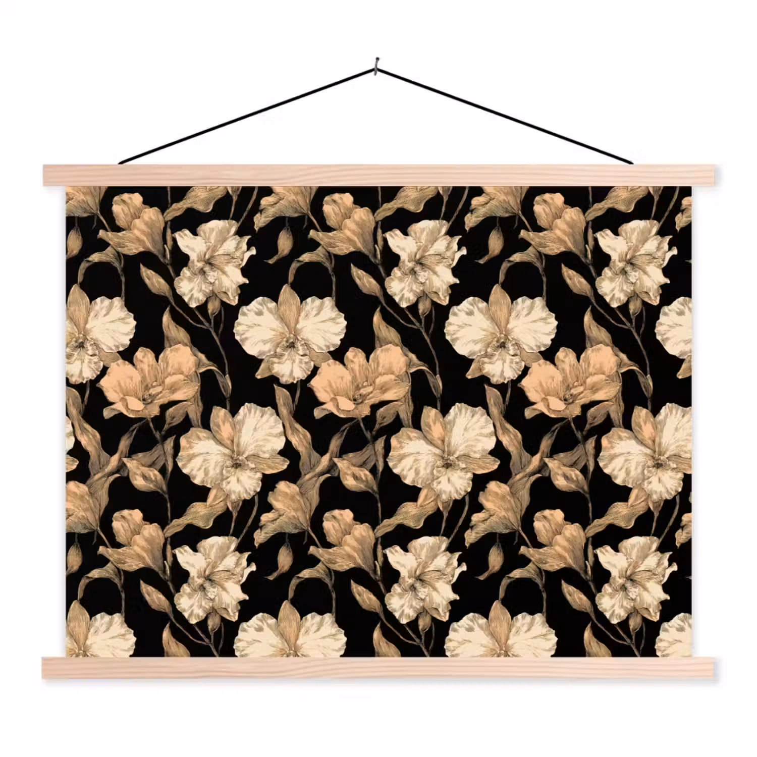 Orchideeën - Lijntekening - Patroon - Beige - Zwart textielposter latten blank klein 122 -3d
