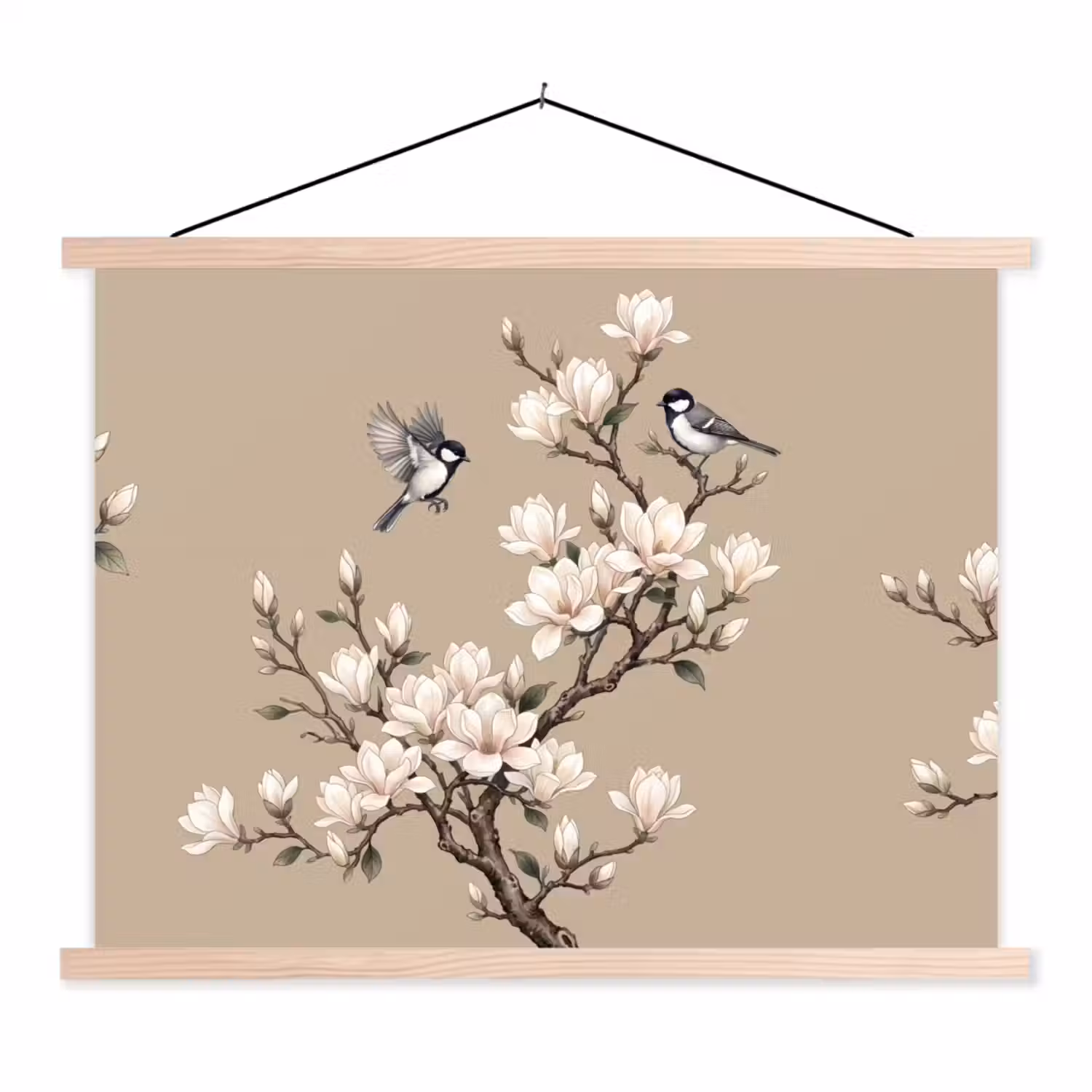 Oosters - Vogels - Beige textielposter latten blank klein -3d