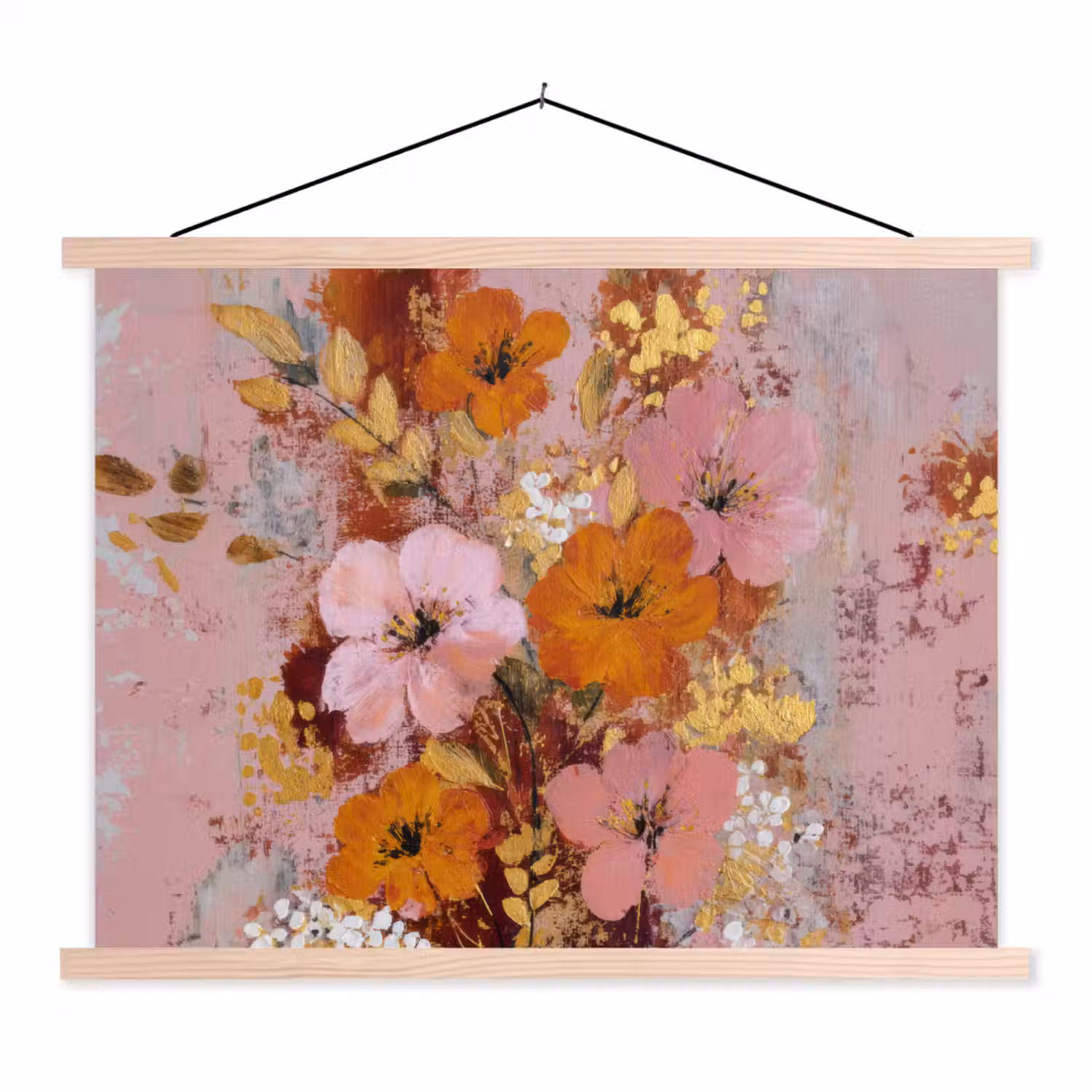 Schilderij - Bloemen - Rustiek - Roze textielposter latten blank klein -3d