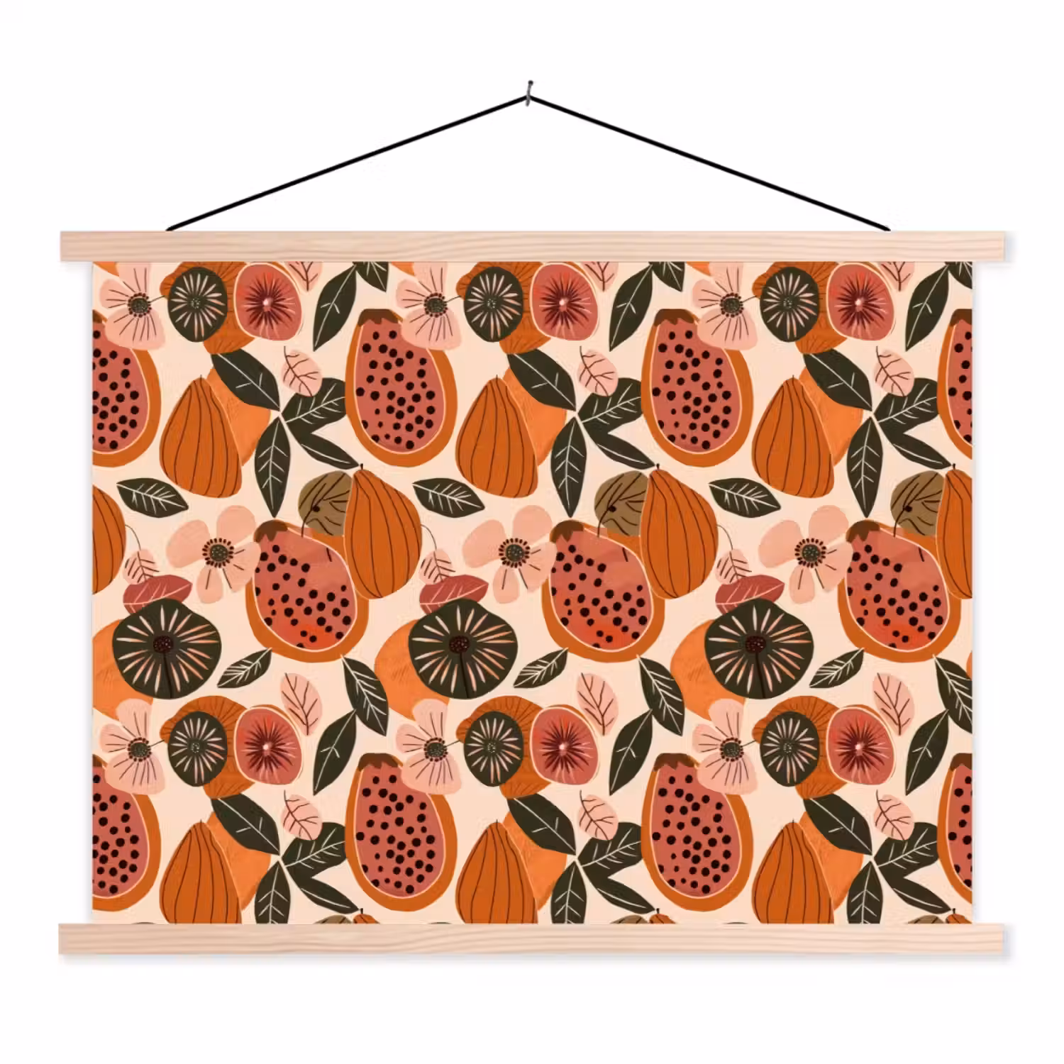 Papaja - Bloesem - Oranje textielposter latten blank klein 122 -3d