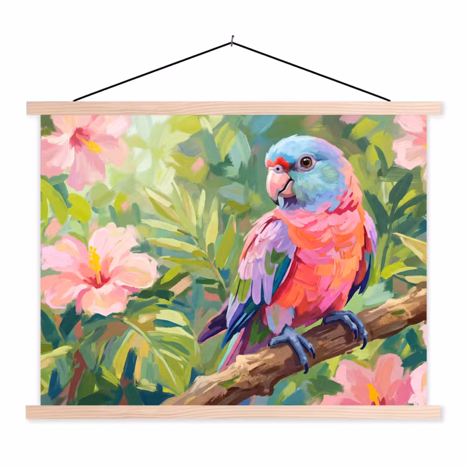 Papagaai - Hibiscusbloemen - Kleurrijk textielposter latten blank klein -3d