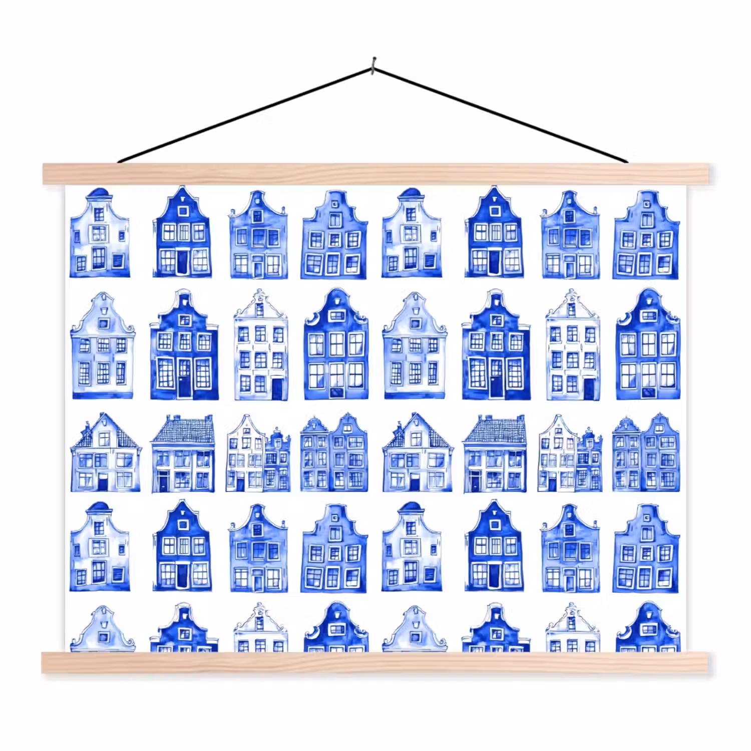 Patroon - Huizen - Blauw textielposter latten blank klein 122 -3d