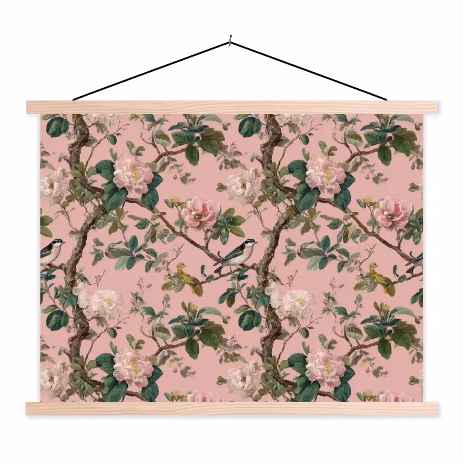 Pioenrozen - Botanisch - Vogel textielposter latten blank klein 122 -3d