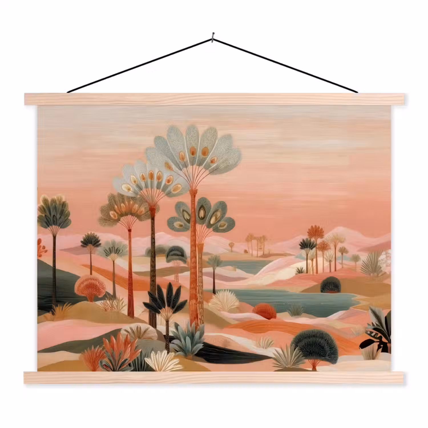 Roze landschap - Palmen - Water textielposter latten blank klein -3d