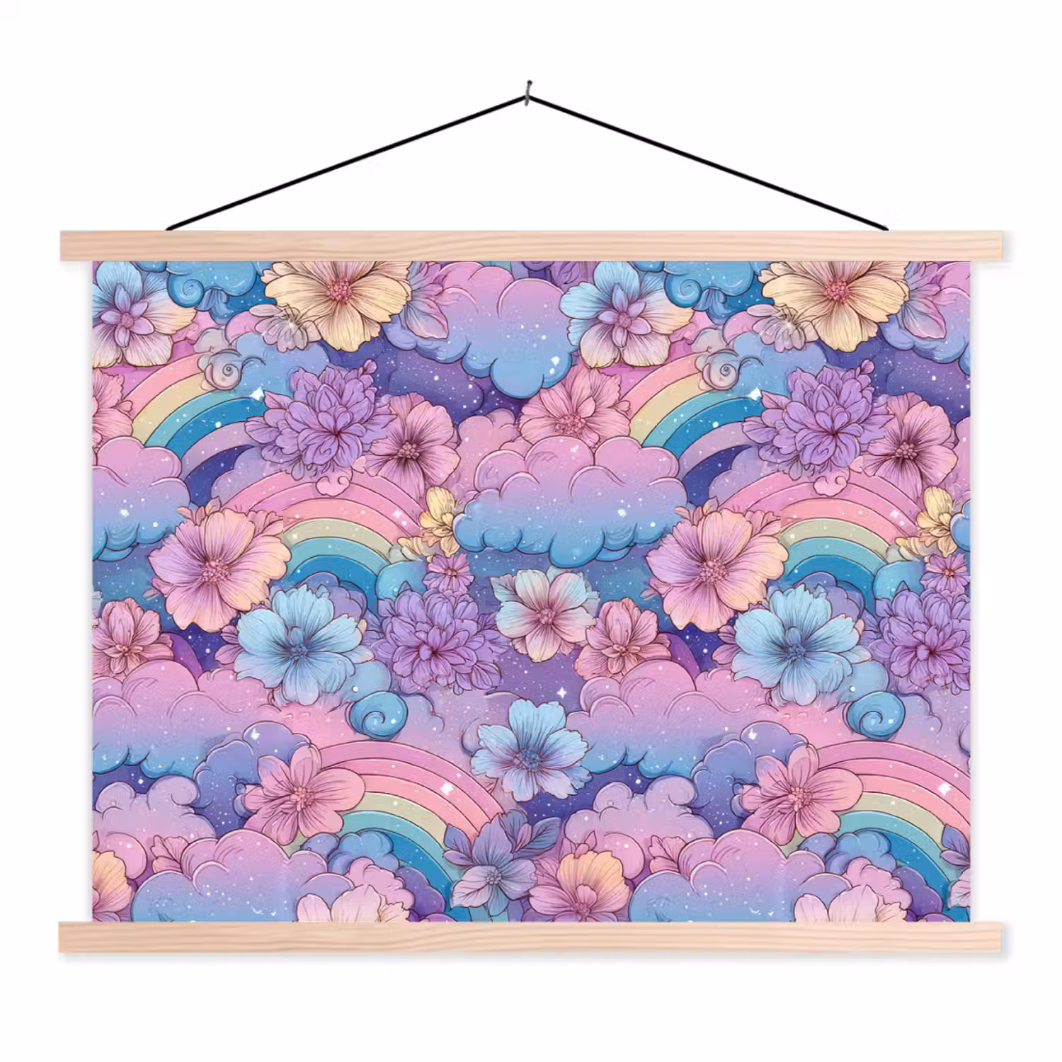 Regenbogen - Bloemen - Kleurrijk - Wolken textielposter latten blank klein -3d