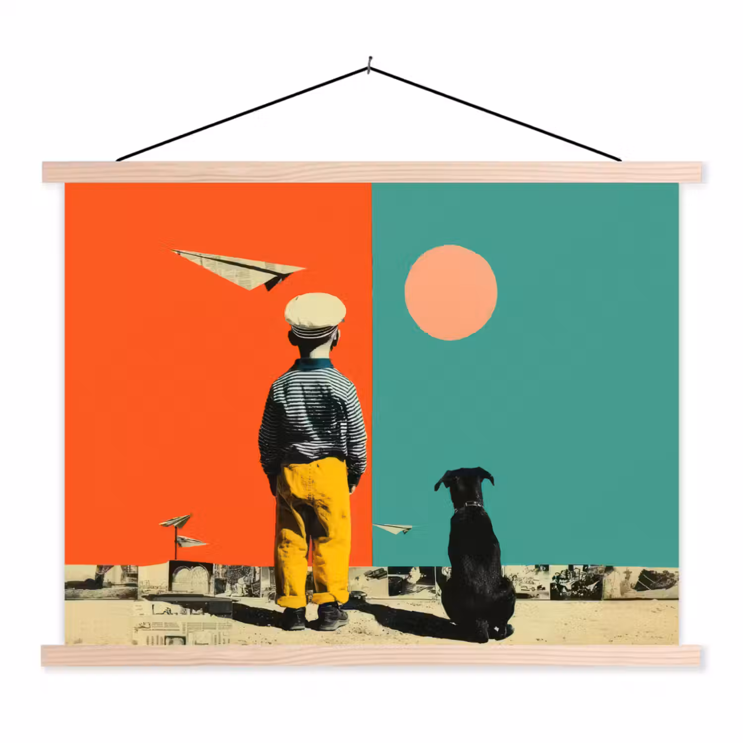 Retro - Jongen - Hond - Rood - Groen textielposter latten blank klein -3d