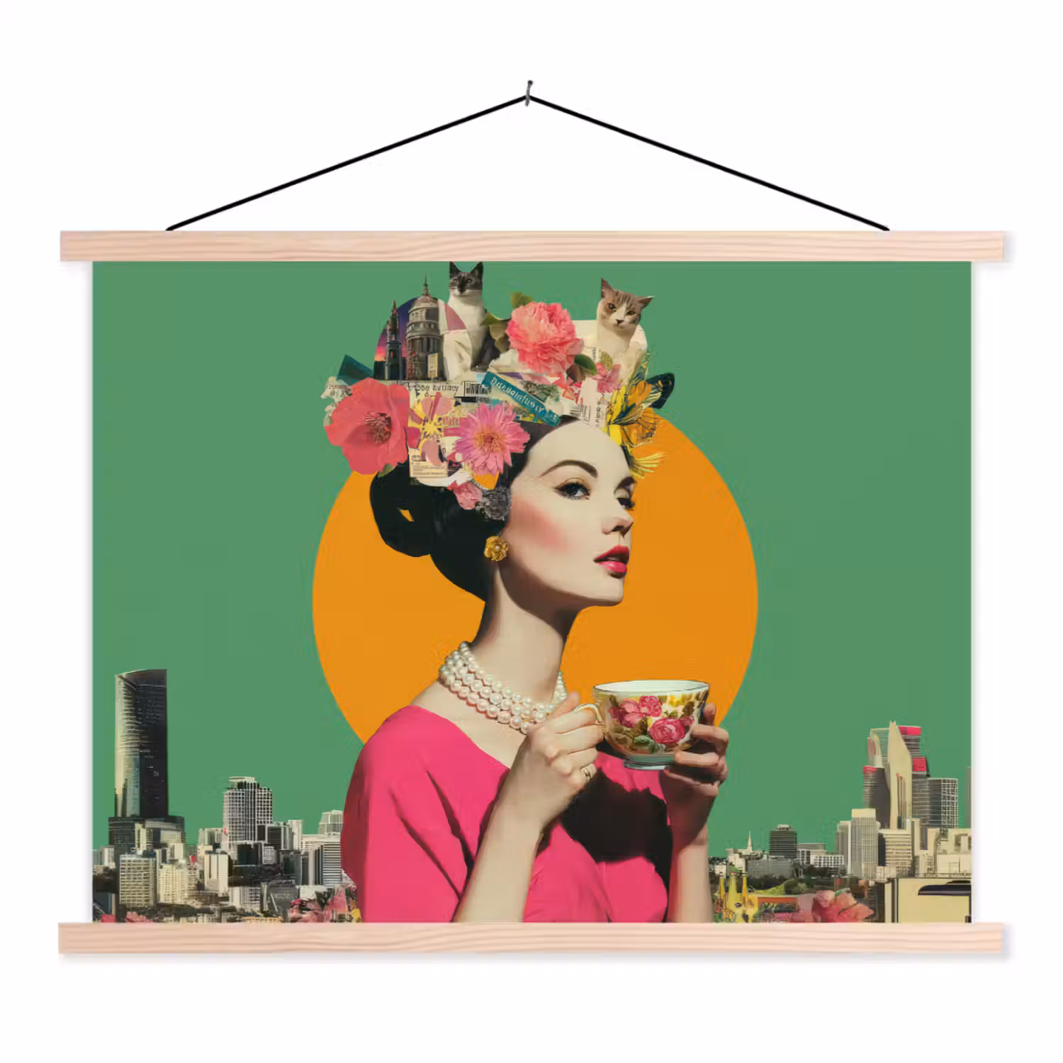 Retro - Vrouw - Stad - Zon textielposter latten blank klein -3d
