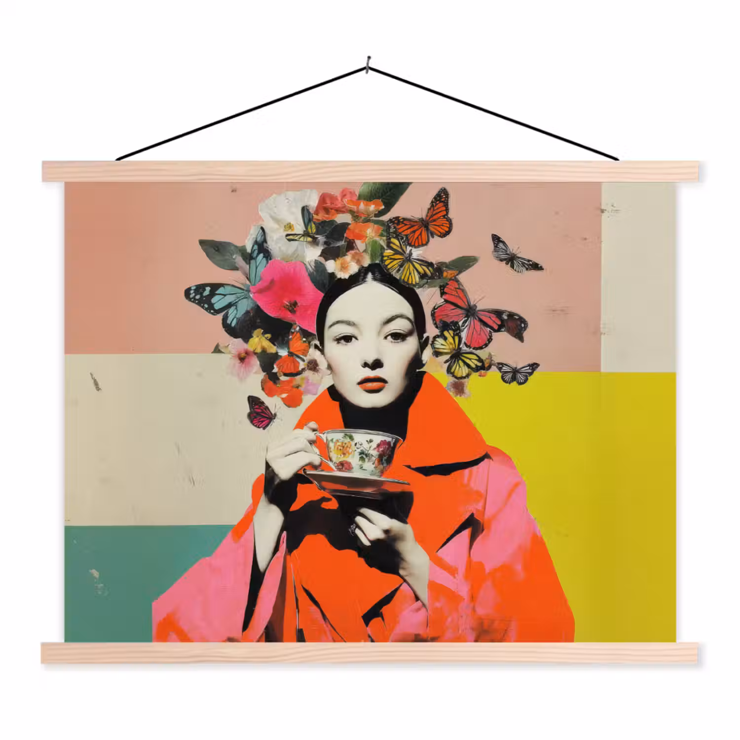 Retro - Vrouw - Kopje - Vlinders textielposter latten blank klein -3d