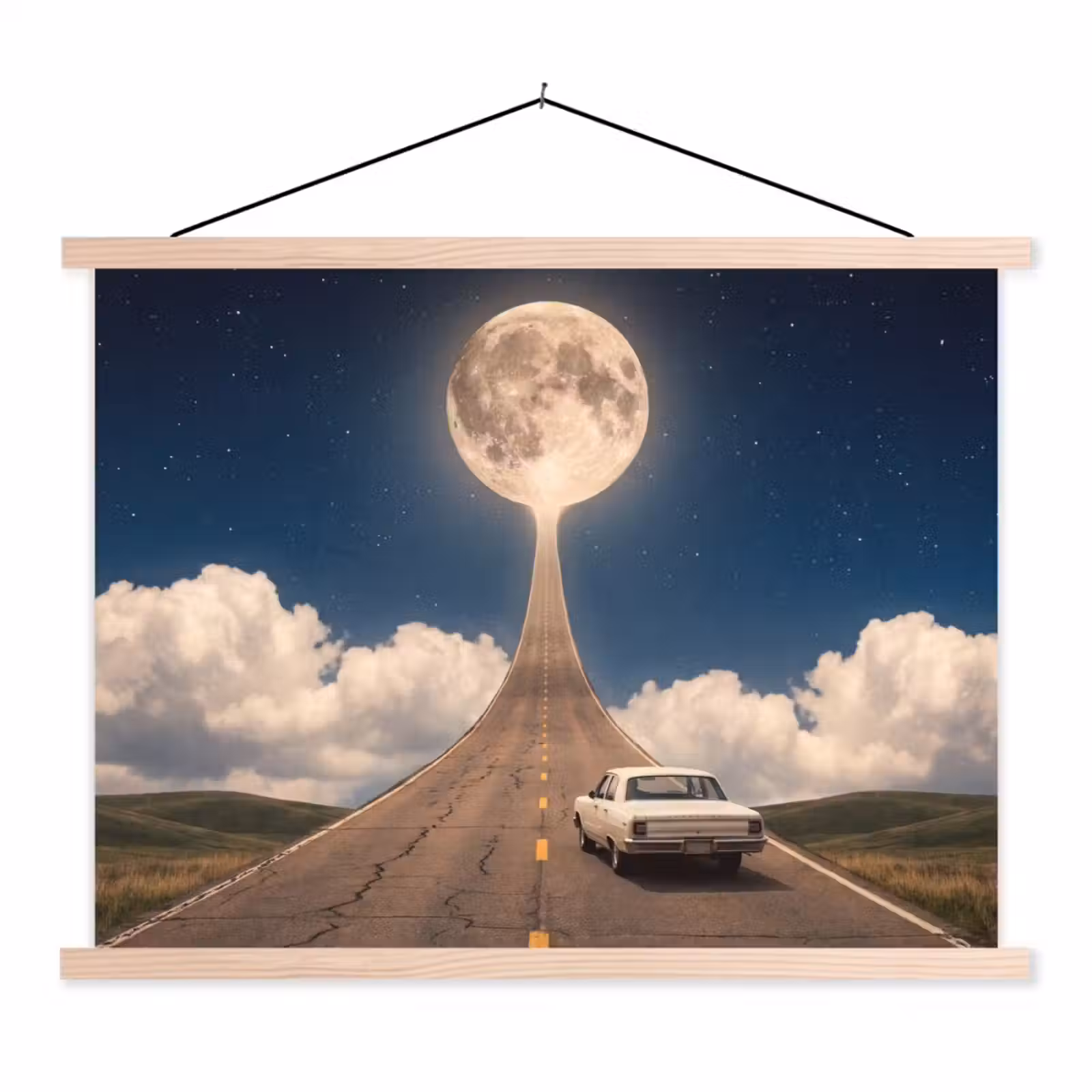 Hanging Poster - Road - Moon - Night - Weg - Maan - Nacht textielposter latten blank klein