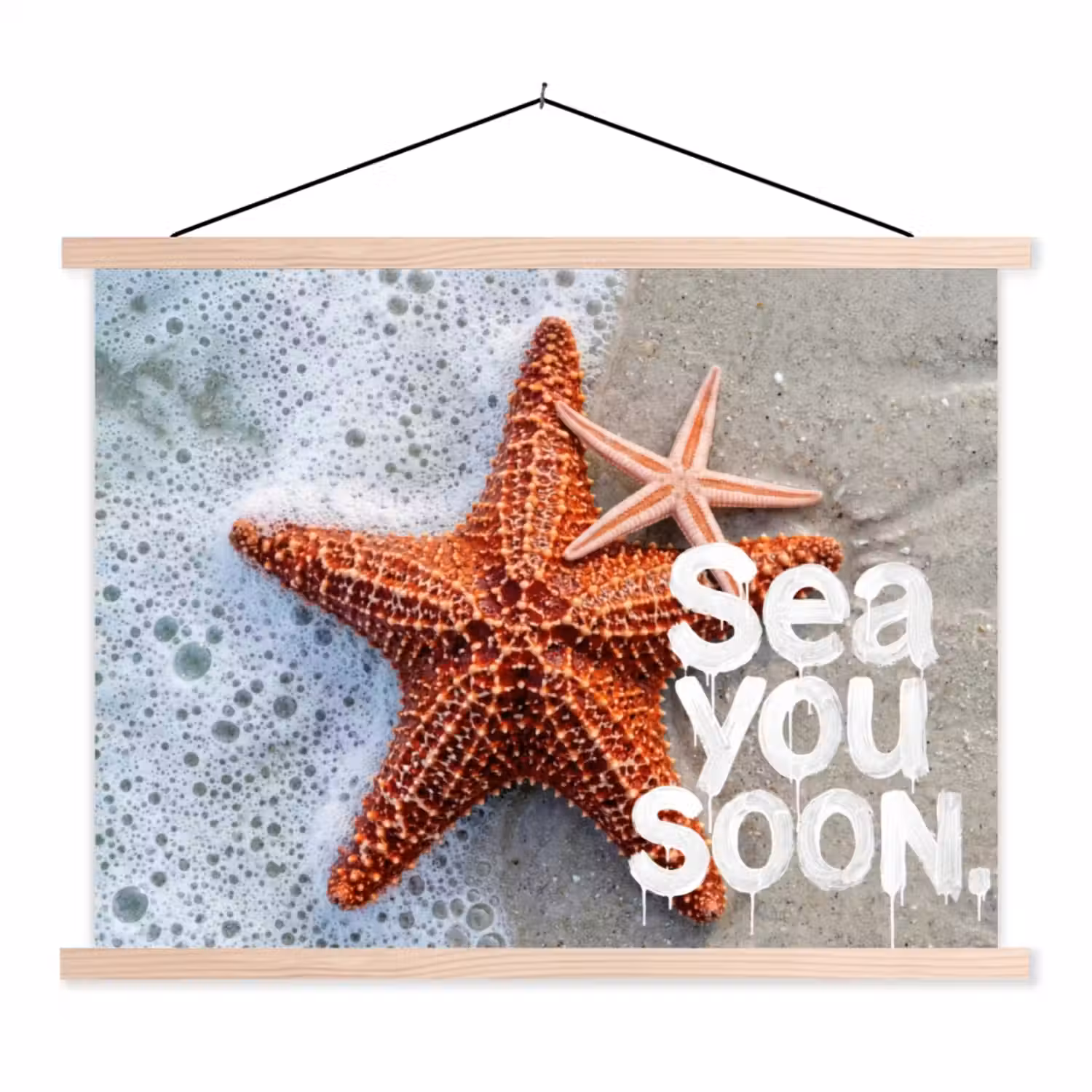 Sea you soon - Zeester - Zee textielposter latten blank klein -3d