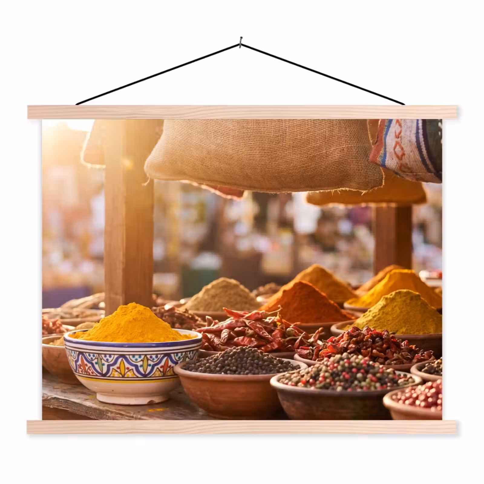 Hanging Poster - Spices - Market - Colorful - Specerijen - Markt - Kleurrijk textielposter latten blank klein