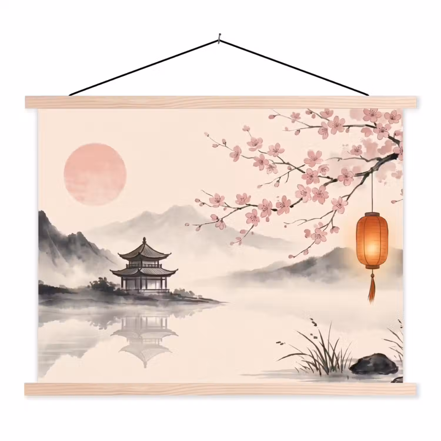 Zon - Japans - Traditioneel textielposter latten blank klein -3d