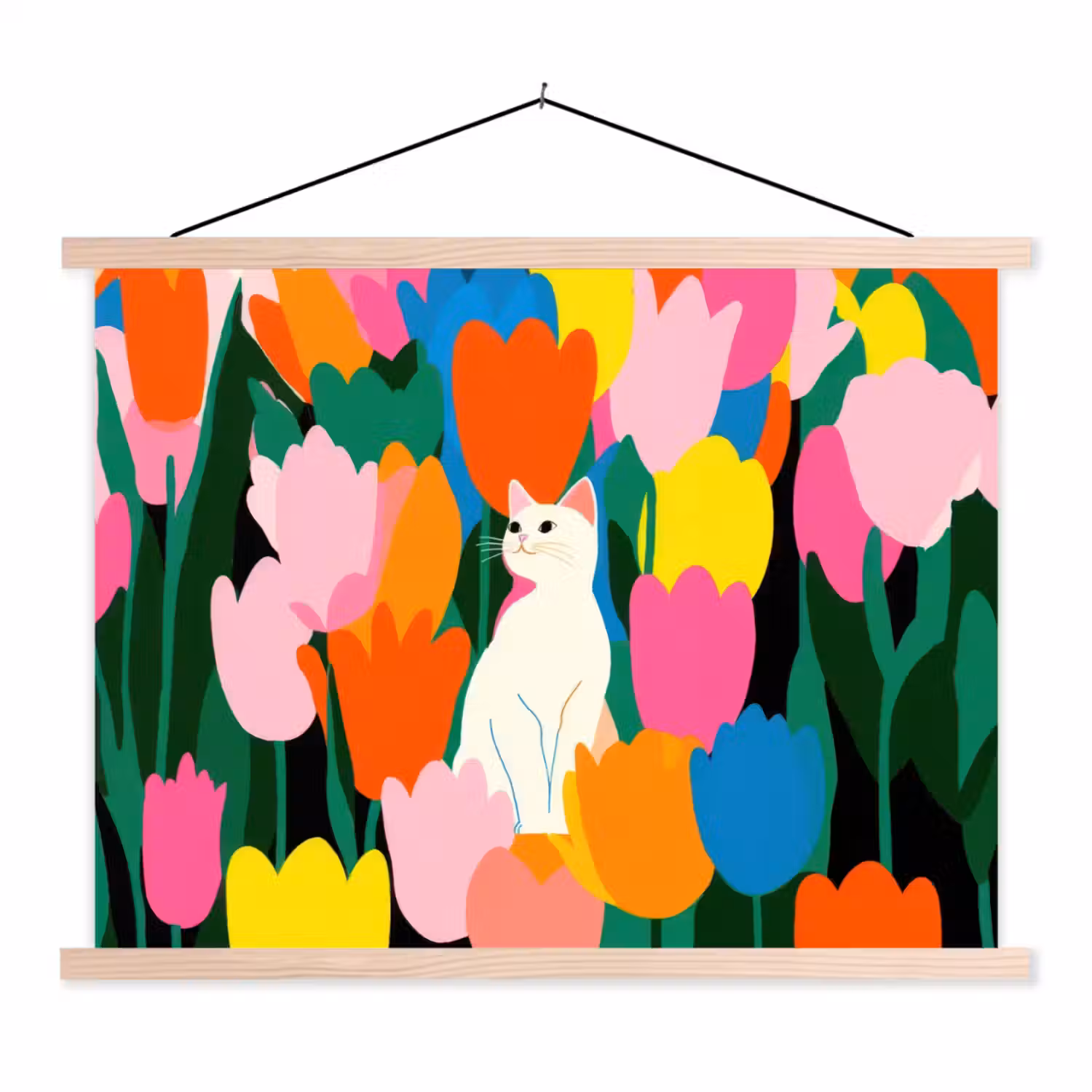 Tulpen - Kat - Kleurrijk textielposter latten blank klein -3d
