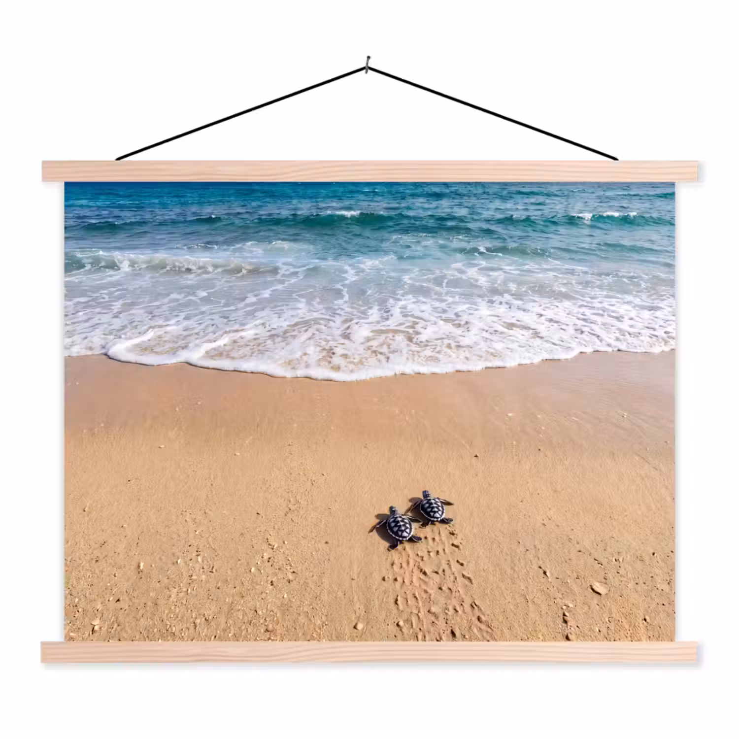Schildpad - Jong - Strand - Oceaan - Blauw textielposter latten blank klein -3d