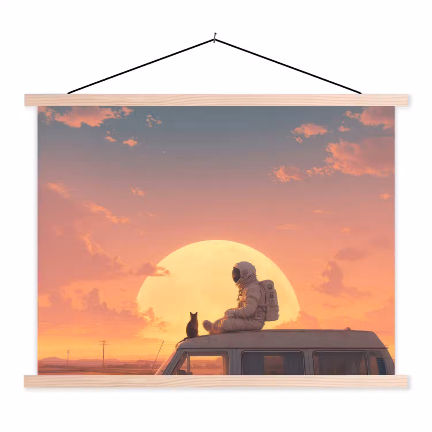 Busje - Kat - Zonsondergang - Oranje textielposter latten blank klein -3d