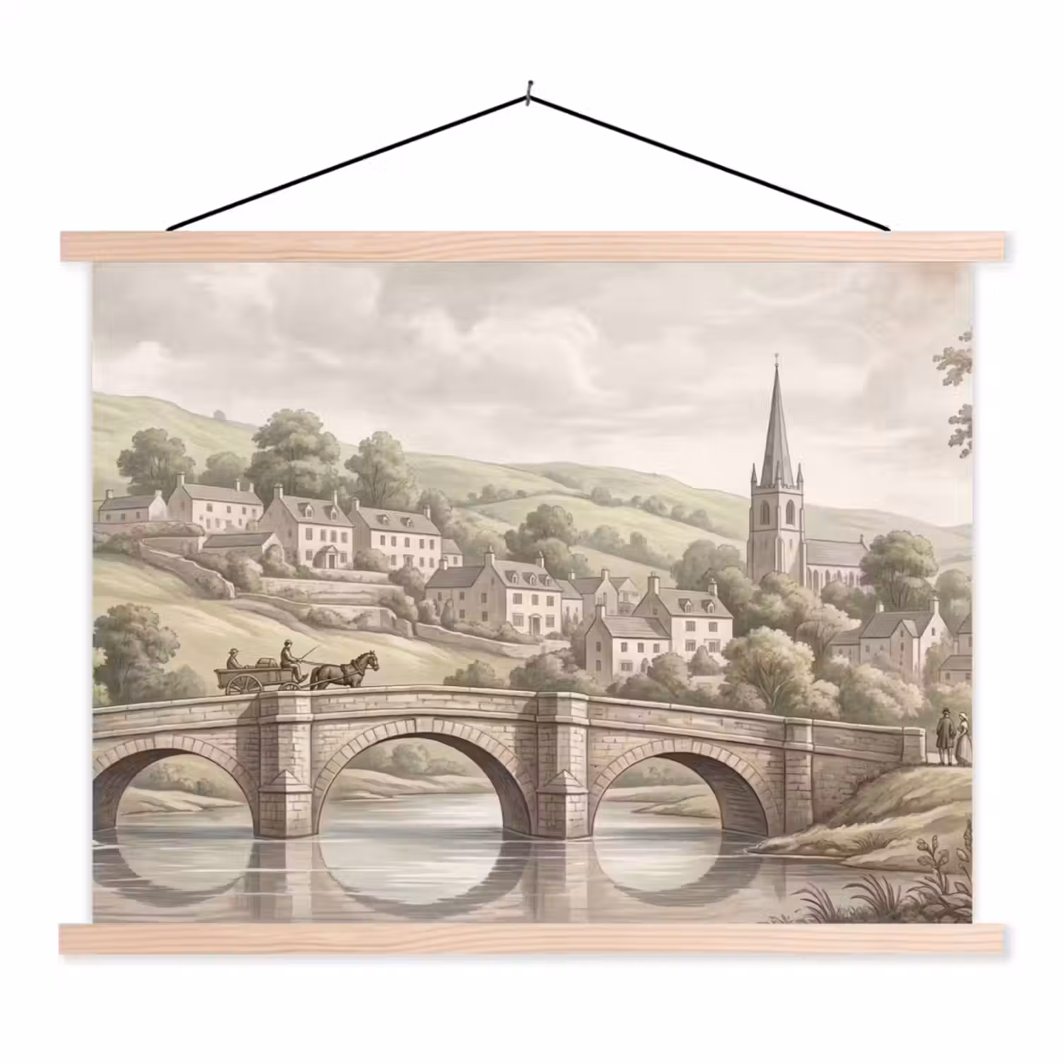 Dorp - Brug - Uitzicht - Groen textielposter latten blank klein -3d