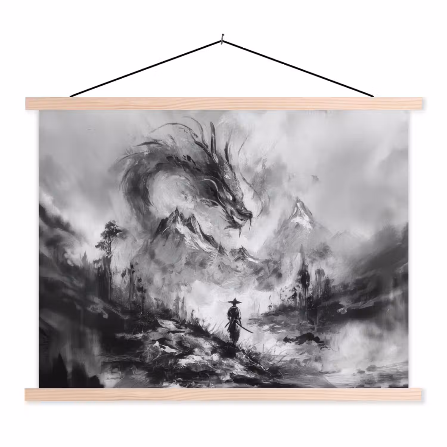 Krijger - Draak - Grijs textielposter latten blank klein -3d