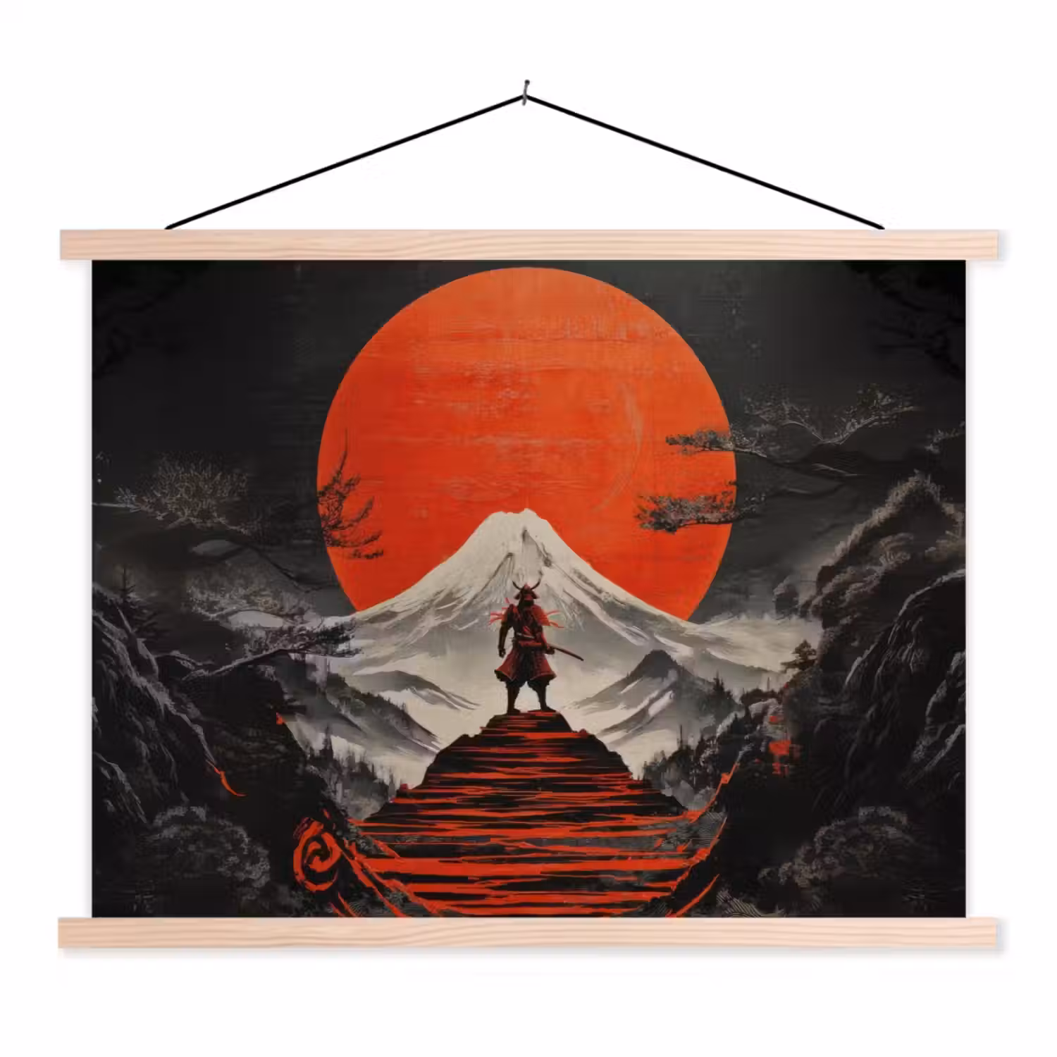 Krijger - Rode trappen - Zon - Berg textielposter latten blank klein -3d