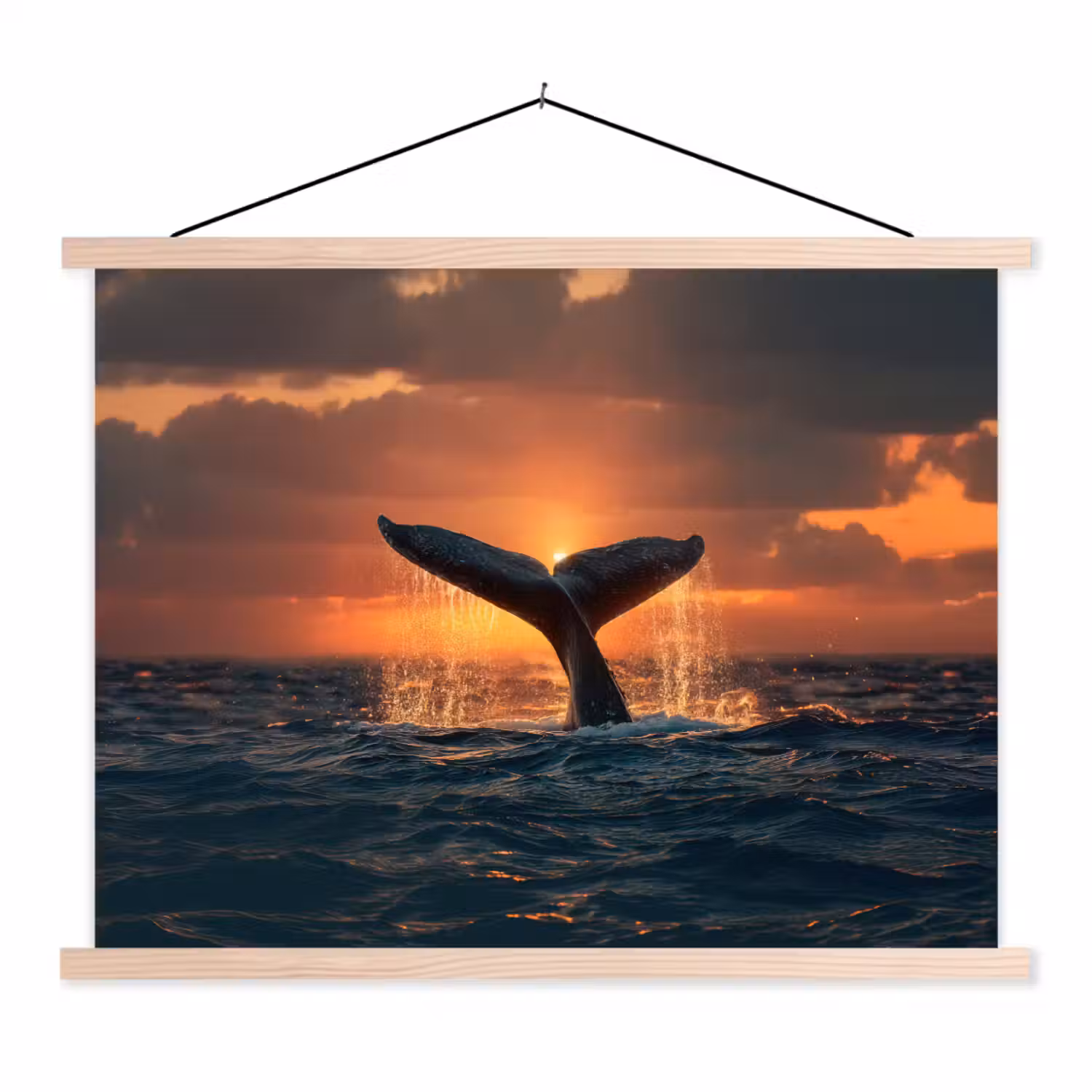 Walvis staart - Water - Zonsondergang textielposter latten blank klein -3d