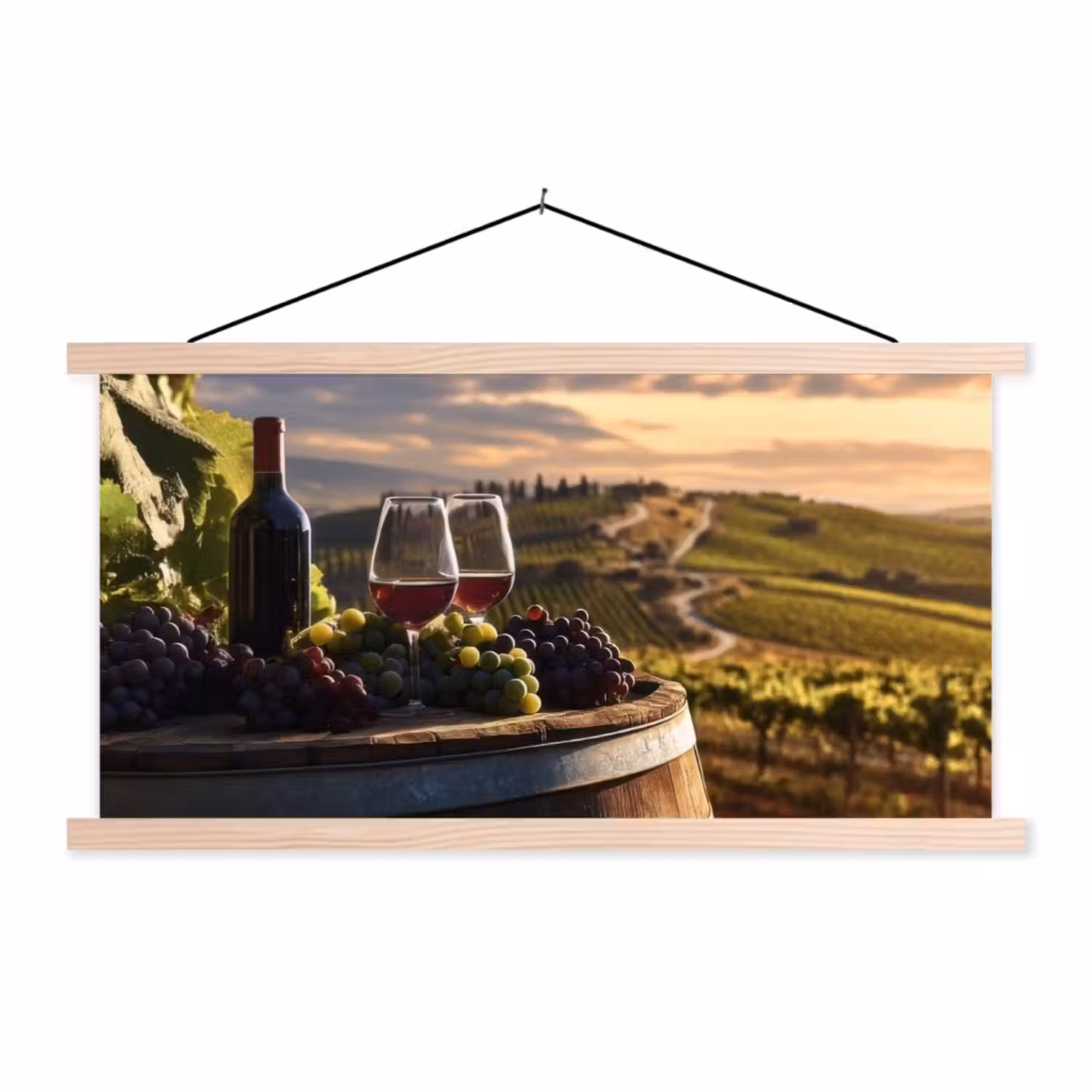 Wijn - Druiven - Heuvels - Landschap textielposter latten blank klein -3d