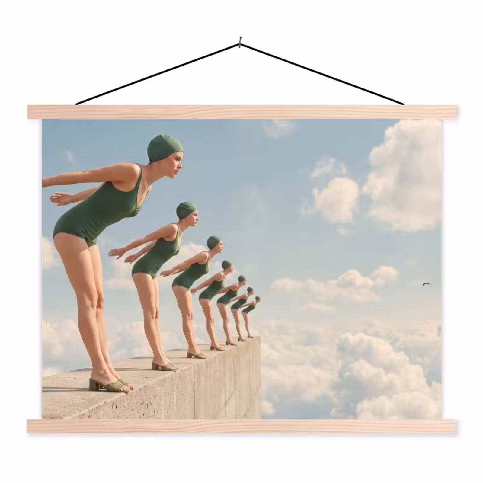 Hanging Poster - Women - Diving Pose - Clouds - Vrouwen - Duikhouding - Wolken textielposter latten blank klein