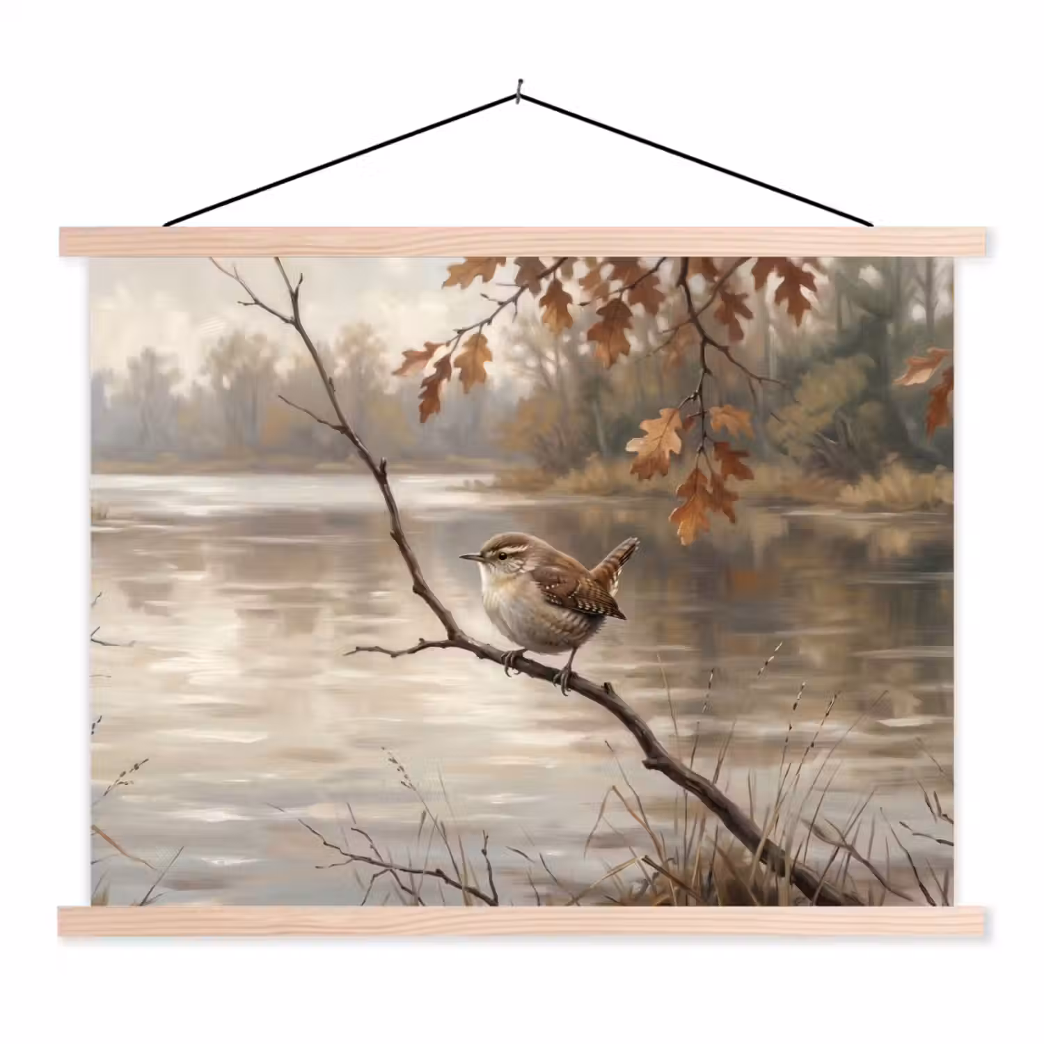 Winterkoninkje - Tak - Rivier - Natuur - Sfeervol textielposter latten blank klein -3d