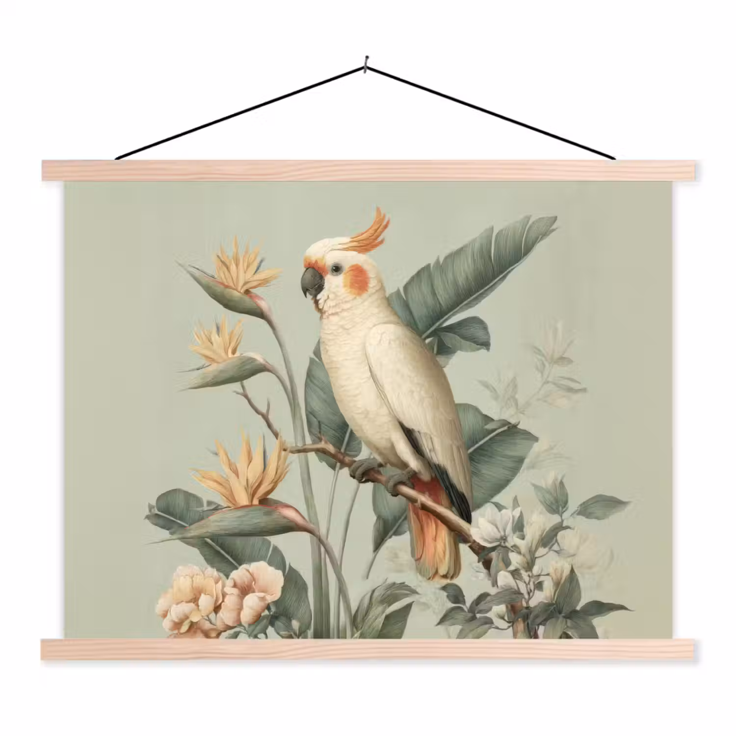 Gele kuifkaketoe - paradijsvogelbloemen - Groen textielposter latten blank klein -3d