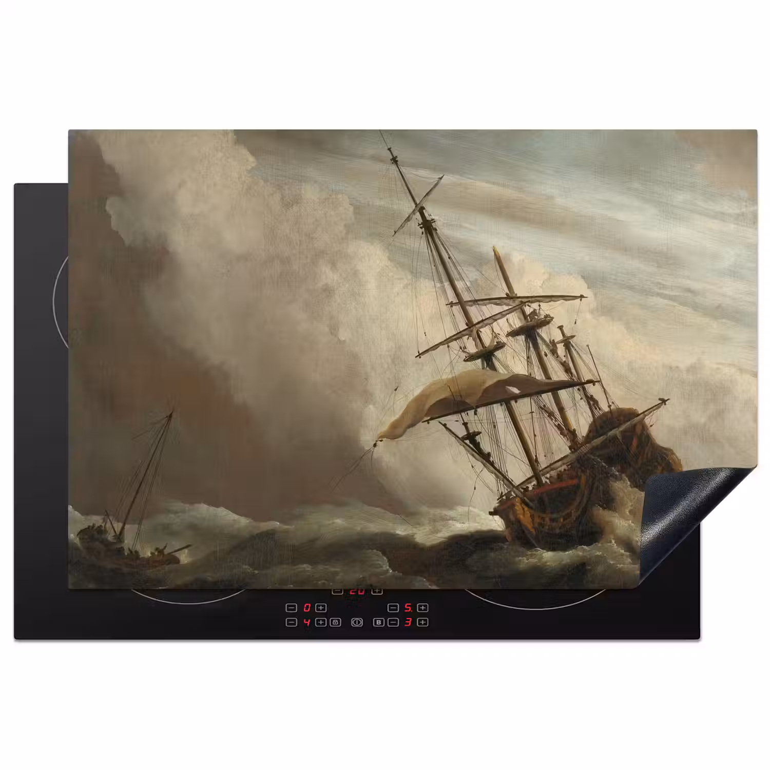 Een schip in volle zee bij vliegende storm - Schilderij van Willem van de Velde Inductie beschermer vinyl 3mm klein -3d