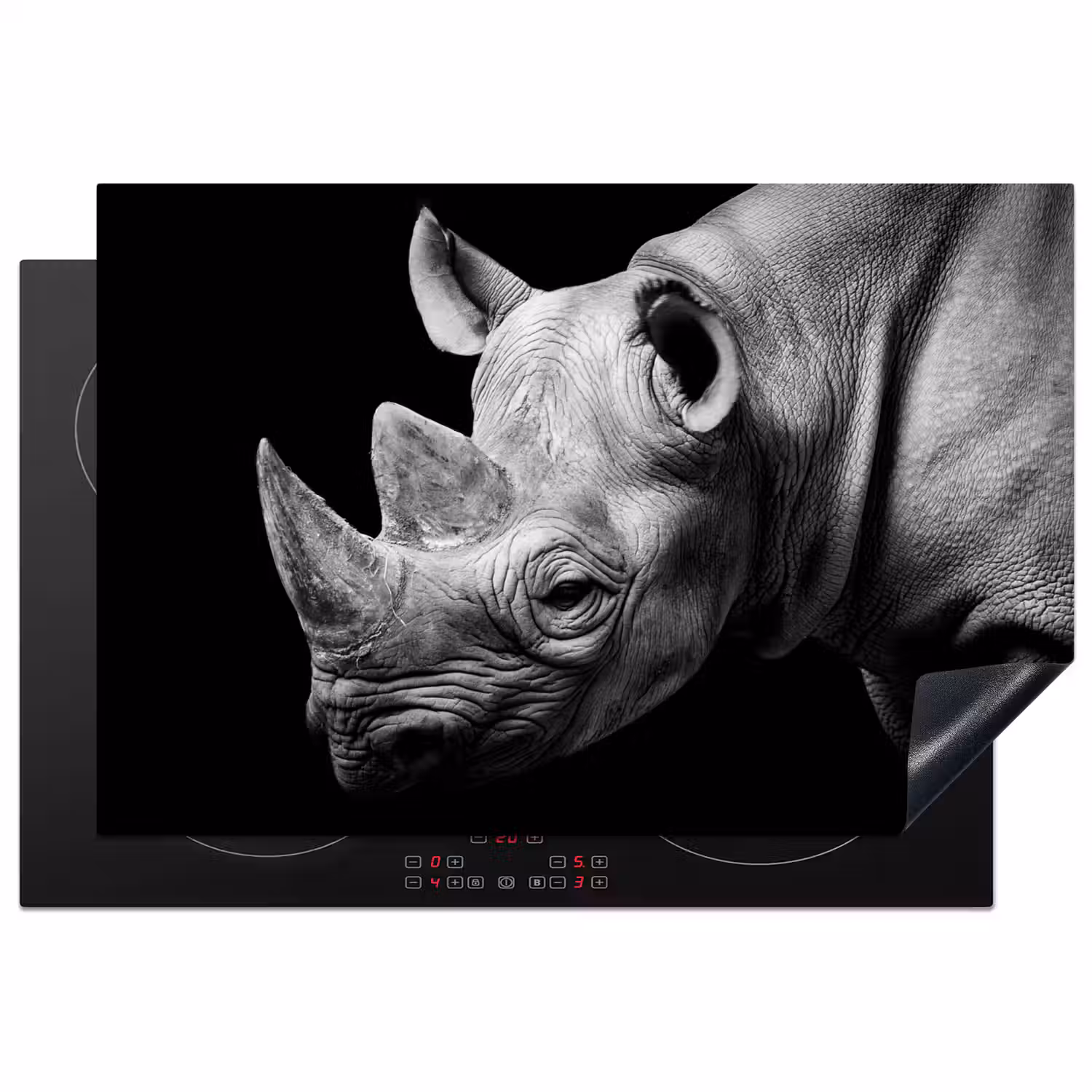 Dieren - Neushoorn - Zwart - Wit - Portret Inductie beschermer vinyl 3mm klein -3d
