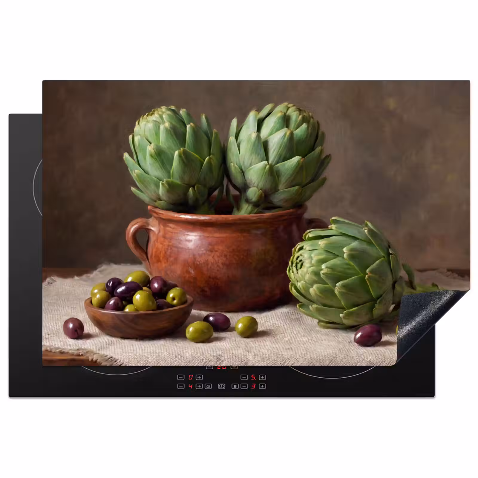 Induction Hob Cover - Artichokes - Olives - Food - Artisjokken - Olijven - Eten Inductie beschermer vinyl 3mm klein