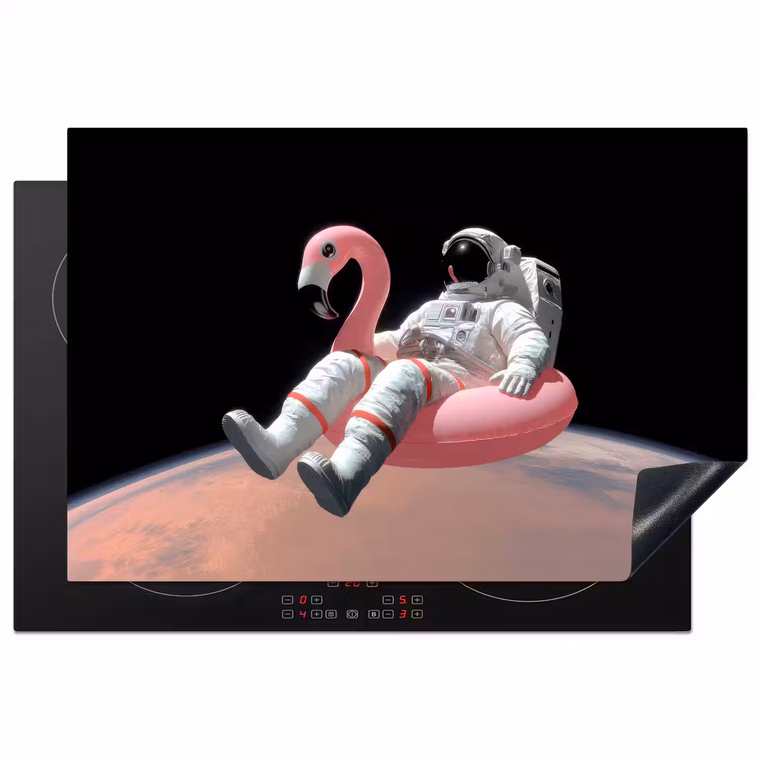 Astronaut - Flamingo - Zwemband - Roze Inductie beschermer vinyl 3mm klein -3d