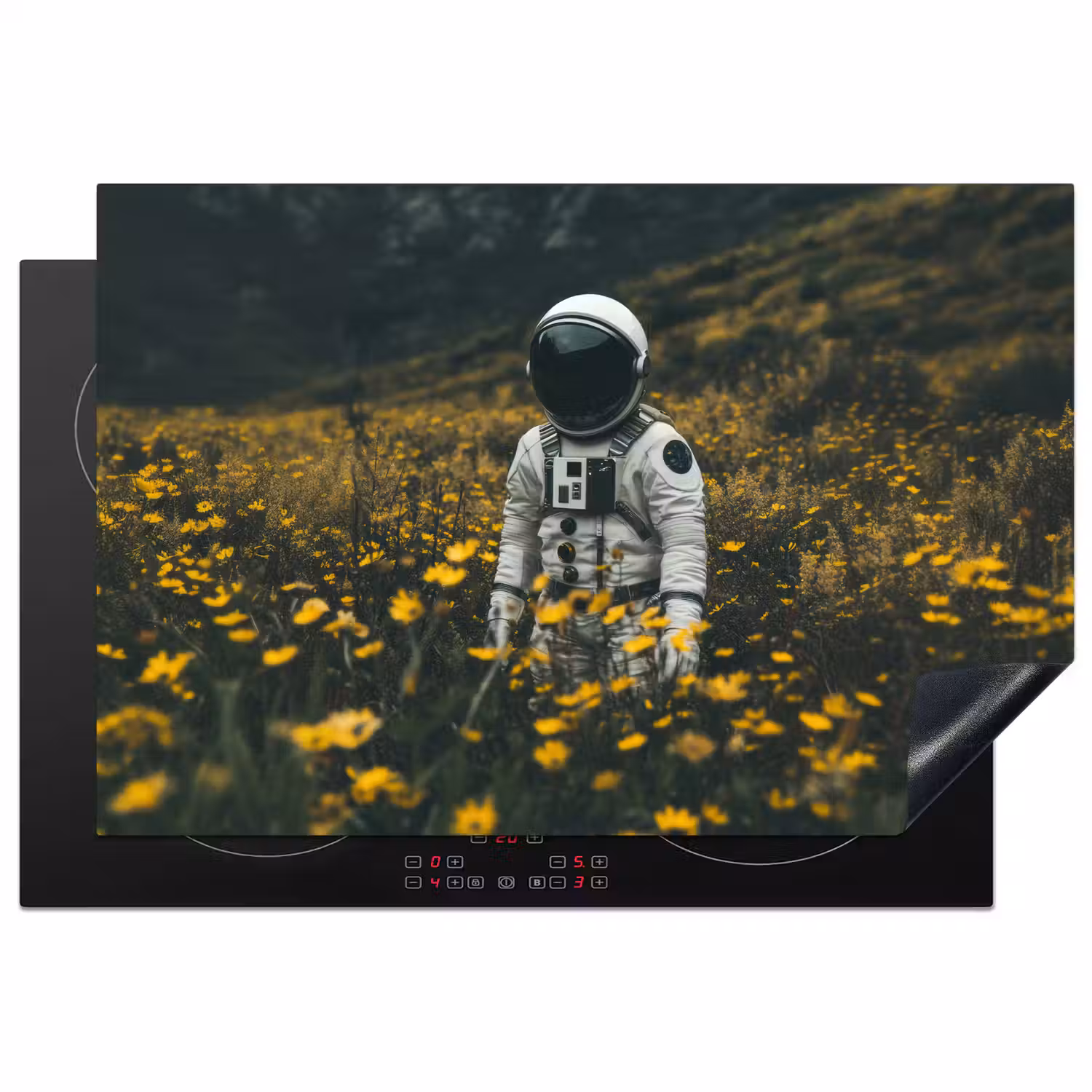 Astronaut - Bloemen - Veld - Geel Inductie beschermer vinyl 3mm klein -3d