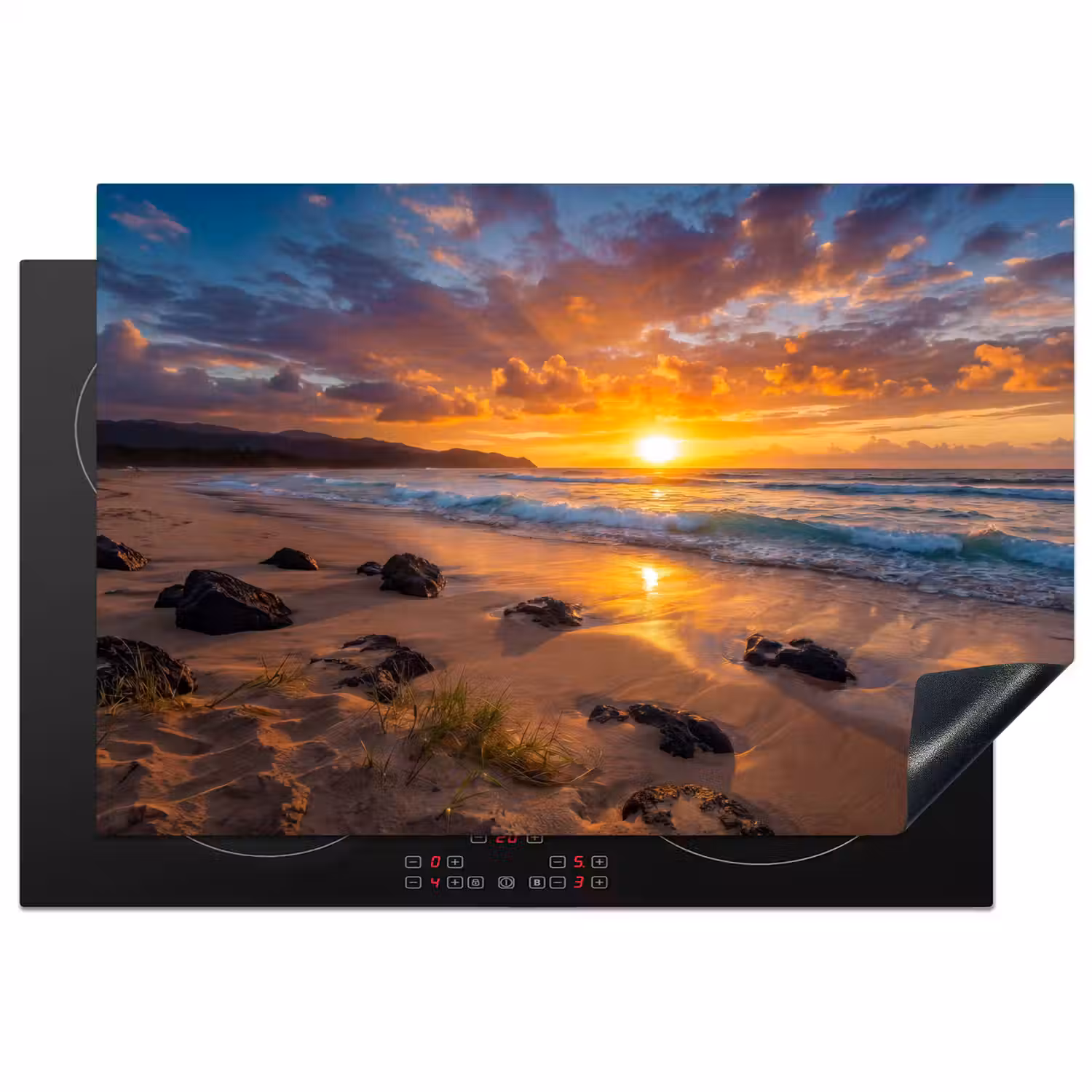 Strand - Zonsondergang - Golven - Natuur - Oranje Inductie beschermer vinyl 3mm klein -3d